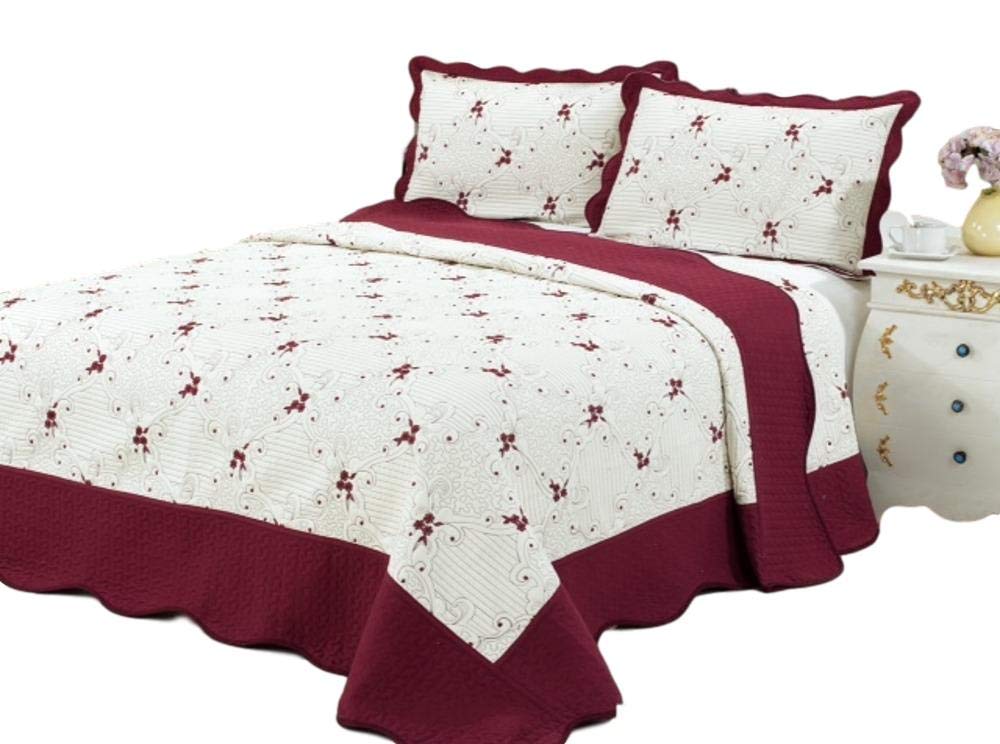 Queen Size Embroidered Quilt Bedding Set - 3 Piece Comforter with 2 Pillow Shams in Burgundy for Cozy Bedroom Decor & Luxurious Sleep Experience