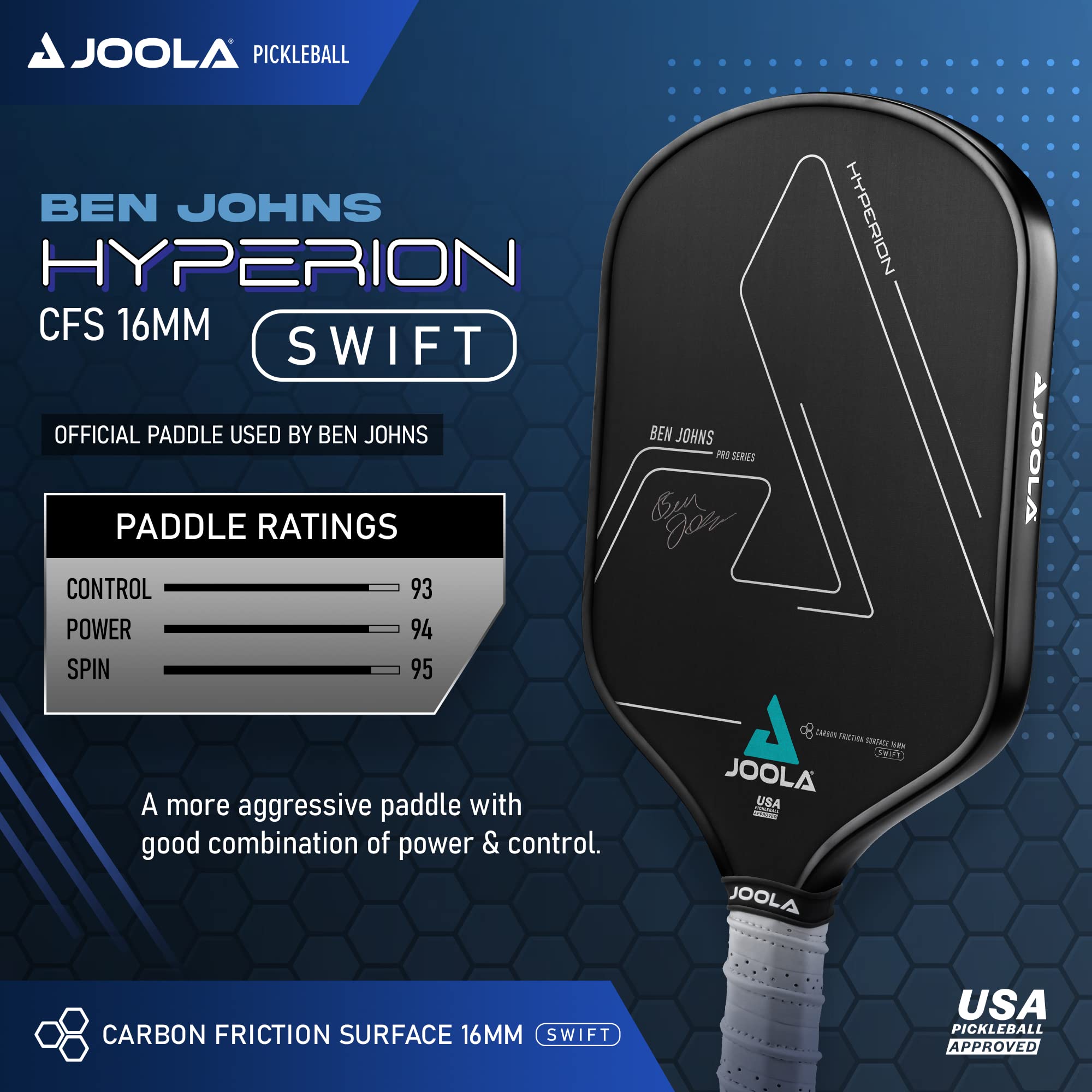 JOOLA Ben Johns Hyperion CFS Swift Pickleball Paddle - USAPA Approved Carbon Fiber Pickleball Racket for Tournament Play - High Grit Surface for Maximum Spin & Speed - Perfect for Competitive Players & Outdoor Games