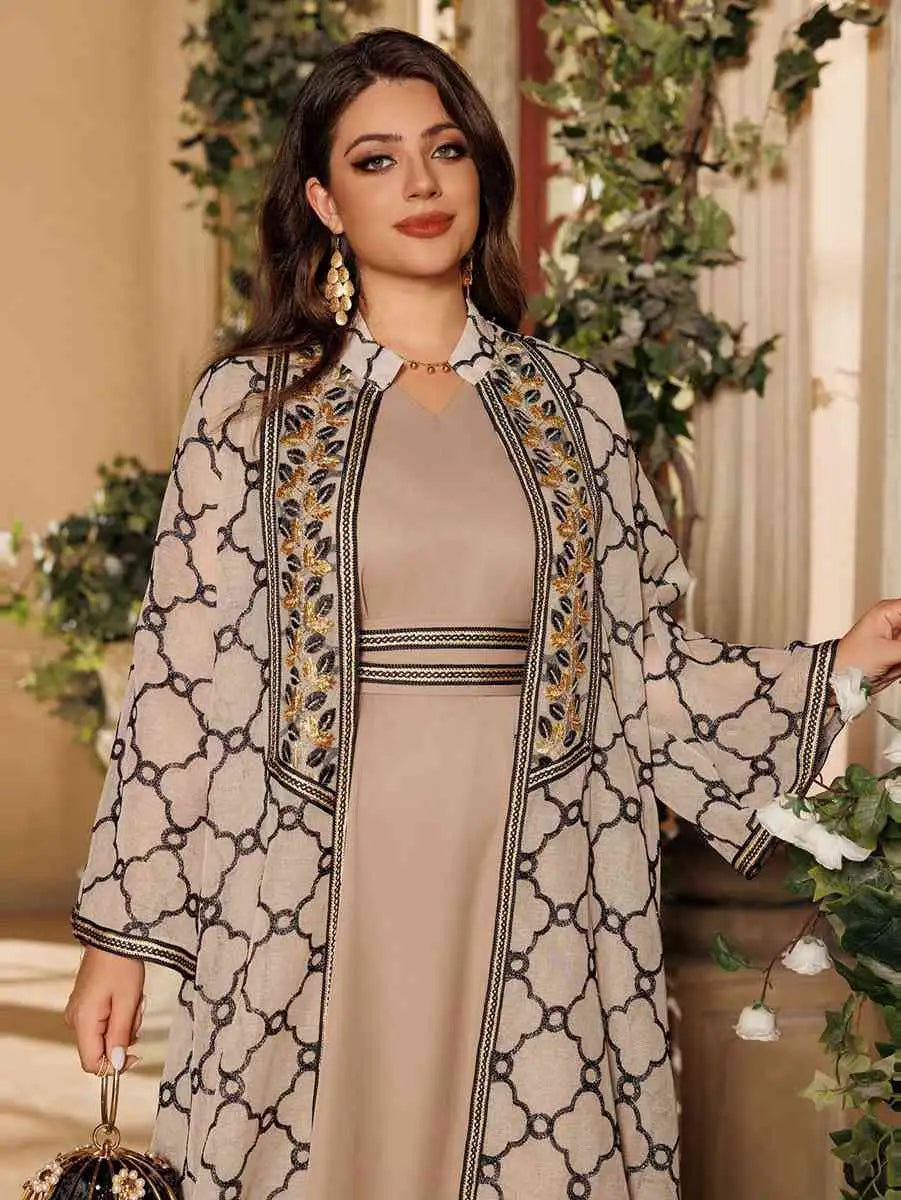 Muslim Women's 2-Piece Eid Caftan Dress Set with Doris Embroidery - Elegant Islamic Prayer Outfit for Ramadan & Special Occasions
