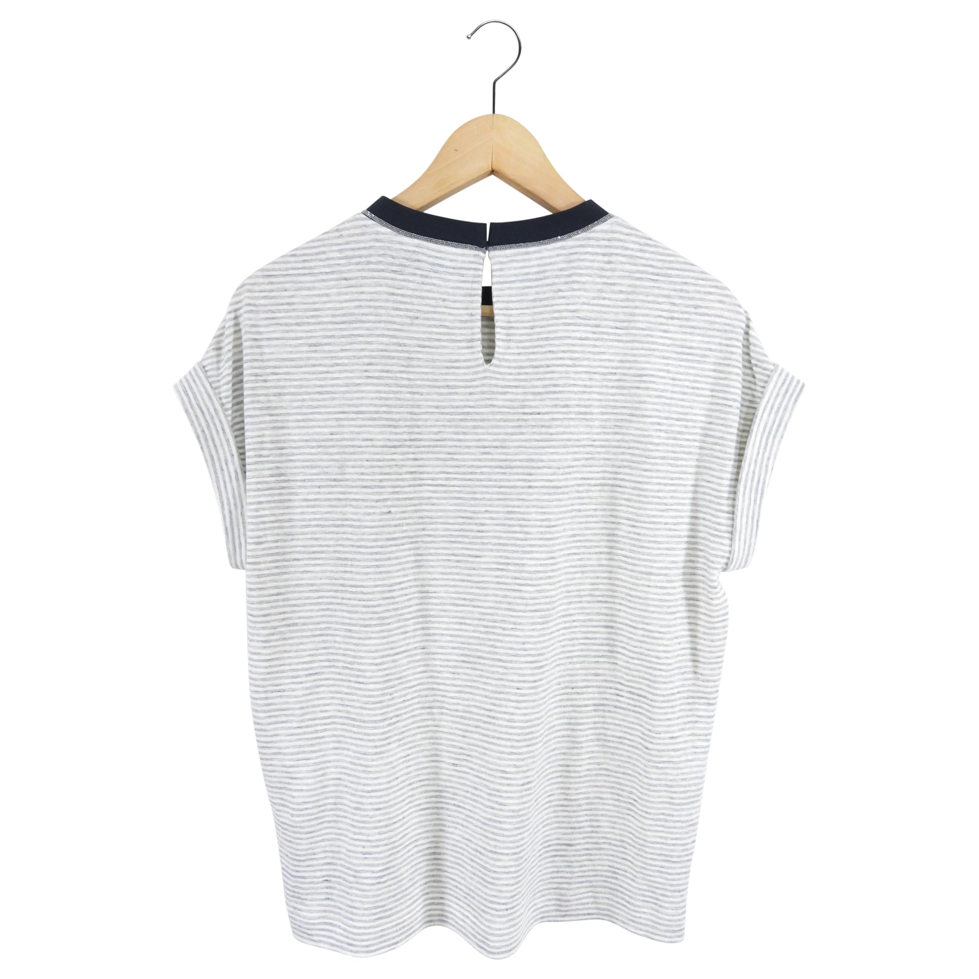 Brunello Cucinelli Striped Linen T-Shirt with Monili Neckline - Casual Summer Top for Women | Perfect for Beach Outings, Brunch Dates & Vacation Wear