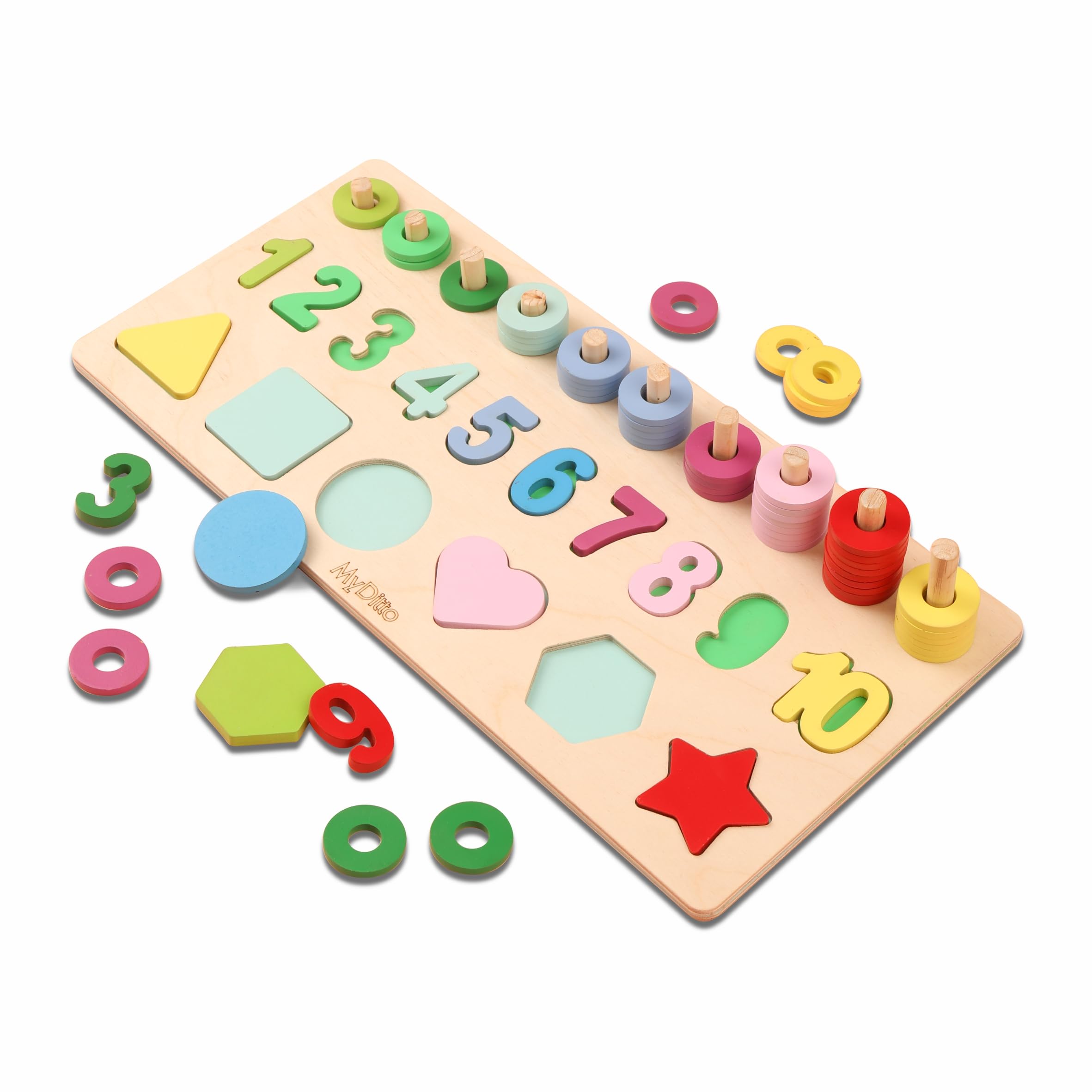 MyDitto Wooden Number & Geometric Shape Puzzle Toys - Educational Learning Board for Toddlers & Kids (Alphabets, Numbers, Shapes) | Montessori Math & STEM Learning Toy for Preschool Classroom & Homeschooling