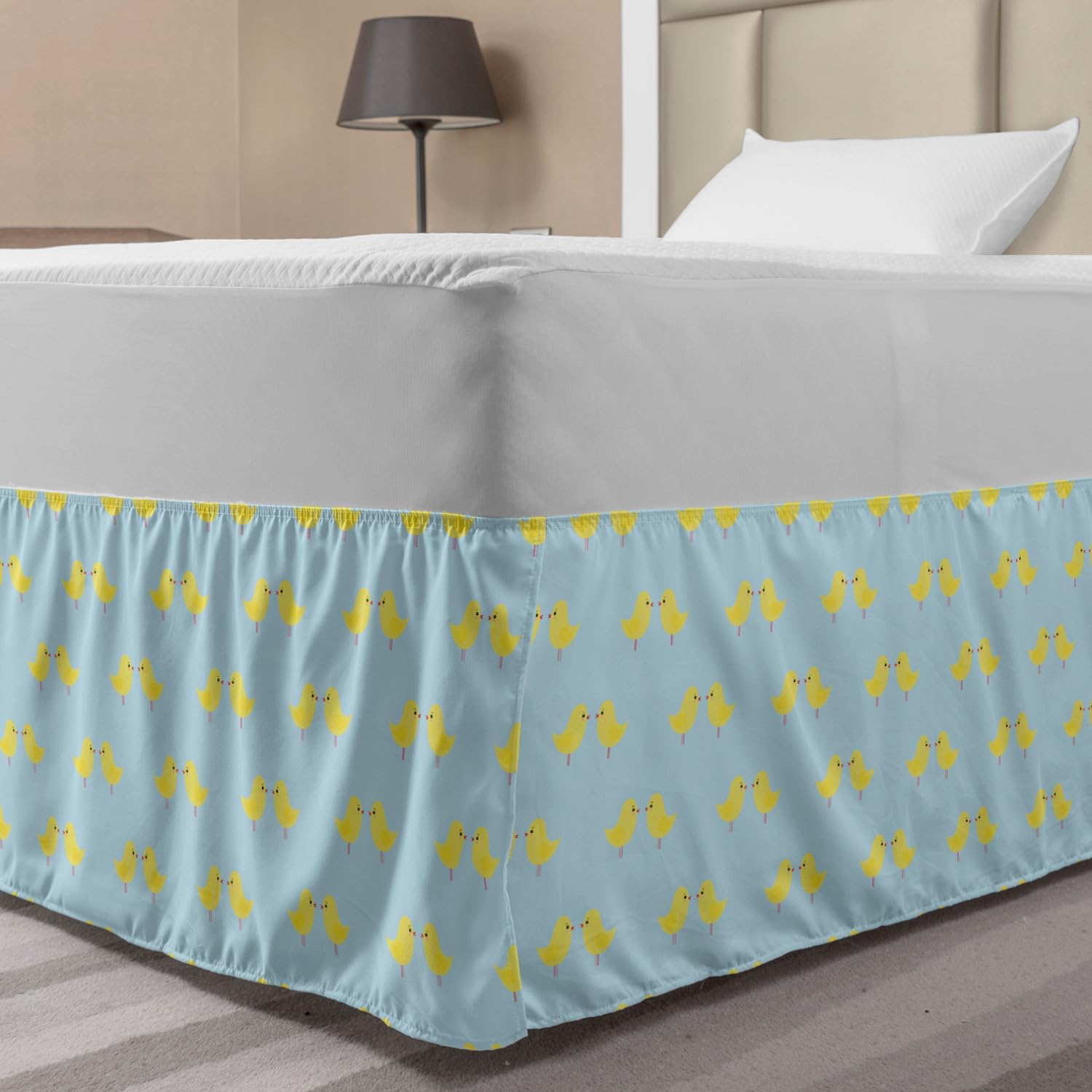 Ambesonne Yellow Bird Bed Skirt - Cartoon Chickens Design for Bedroom Decor