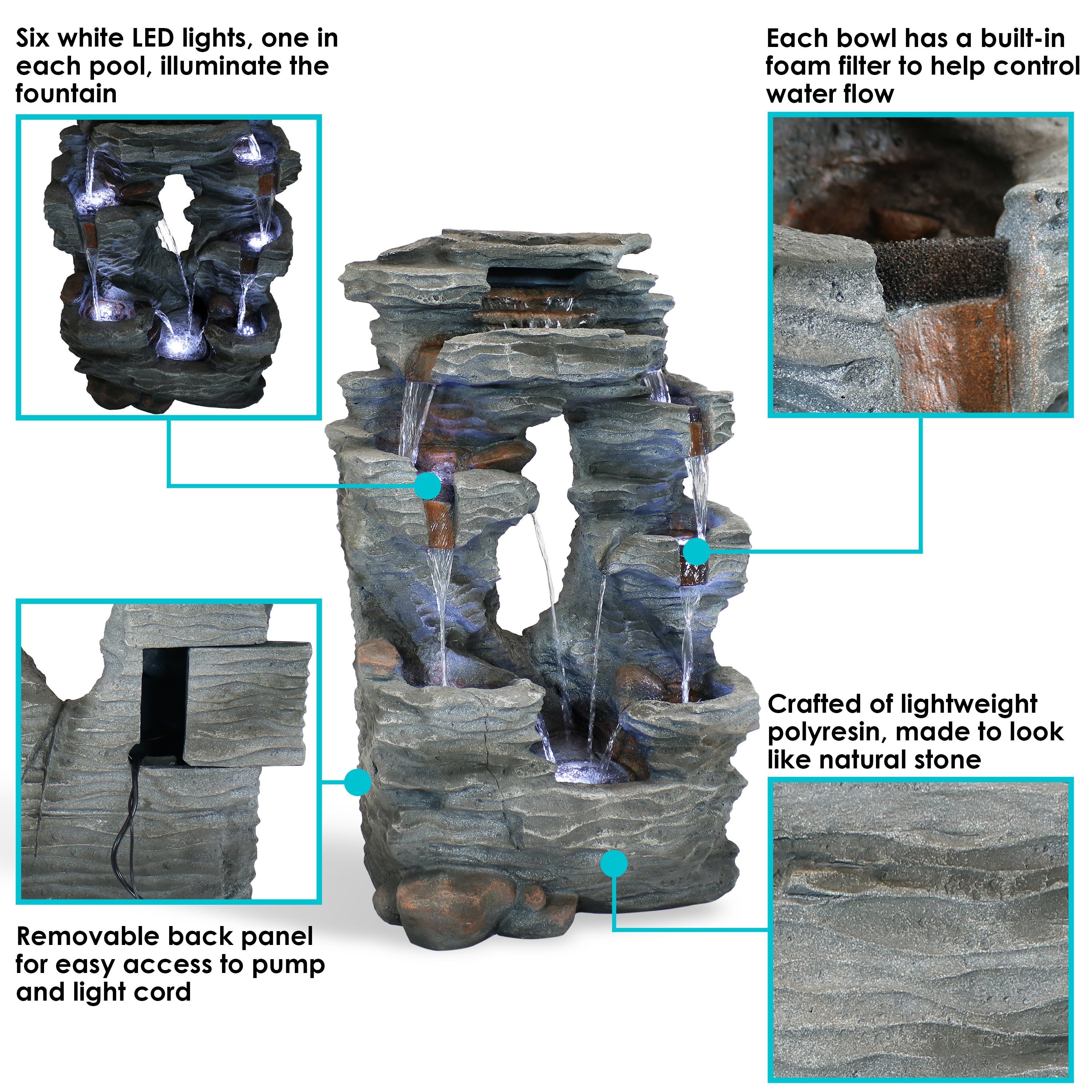 Outdoor Solar-Powered Dual Cascading Rock Waterfall Fountain with LED Lights & Submersible Pump - Perfect for Garden, Patio, and Backyard Decor