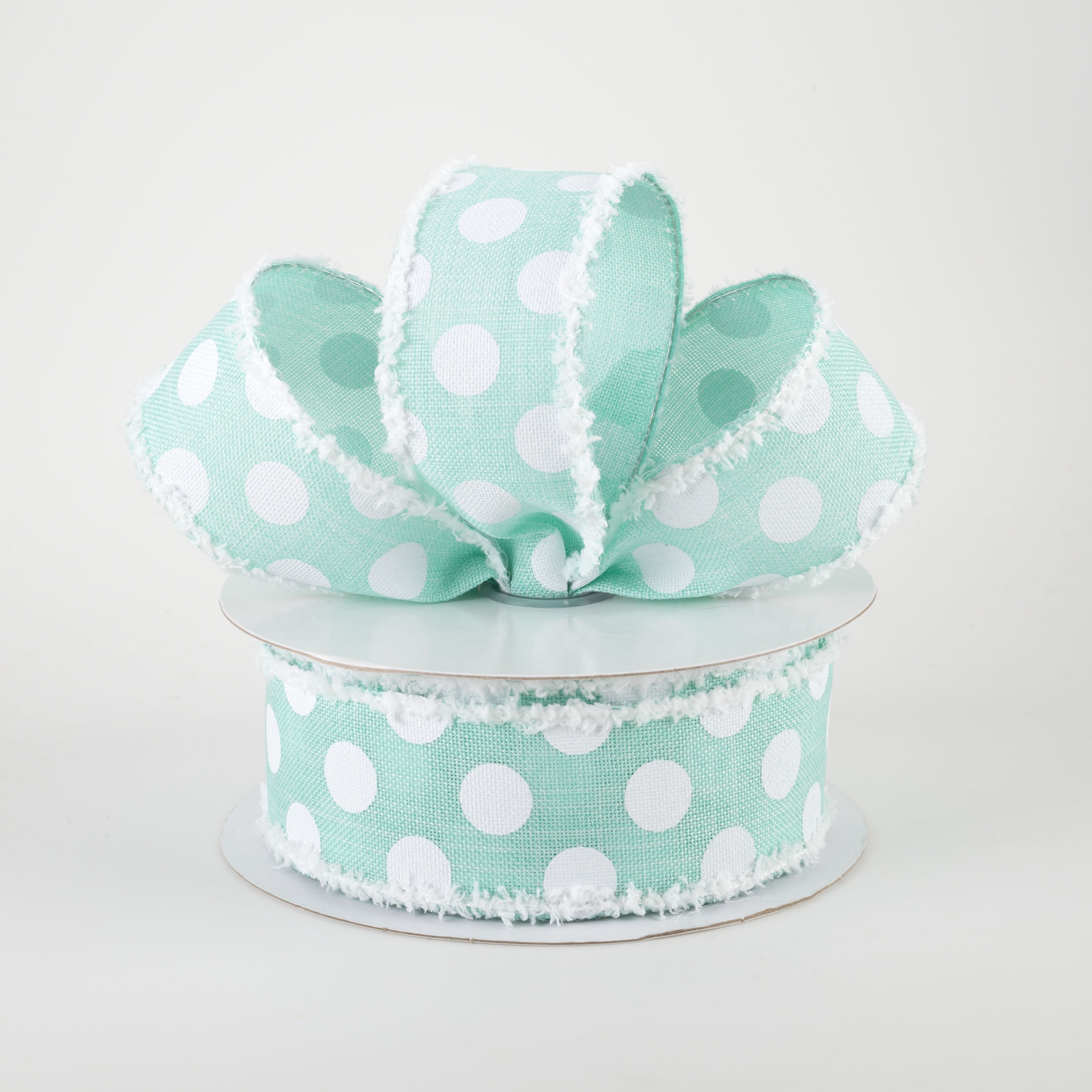 1.5 Inch Medium Polka Dots Fuzzy Edge Ribbon - Mint Green & White Craft Ribbon (10 Yards) for Gift Wrapping, DIY Crafts, Scrapbooking & Party Decorations