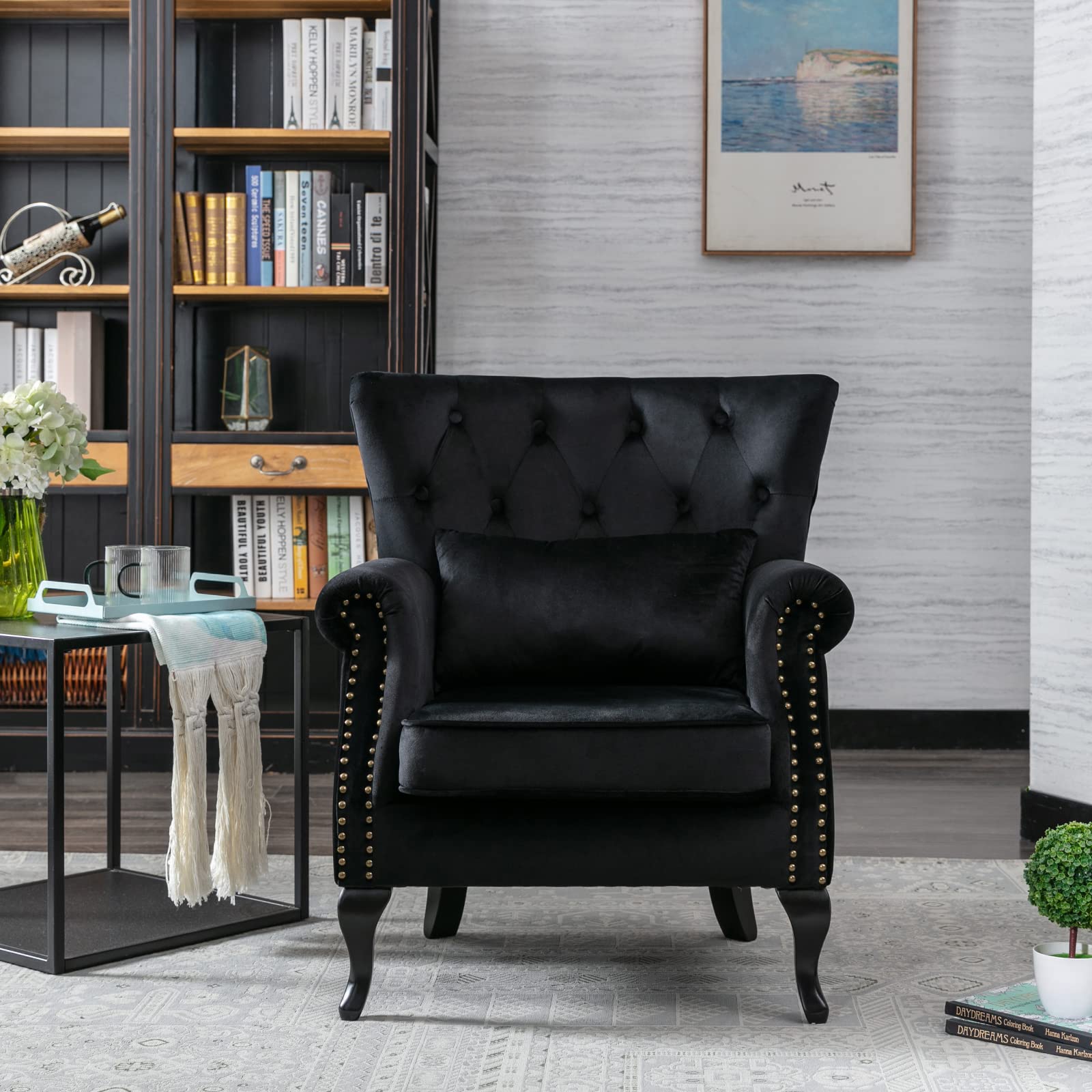 Midcentury Modern Accent Reading Arm Chairs Set of 2 - Velvet Black Wingback Club Chairs with Button Tufted Back & Lumbar Pillow for Living Room, Bedroom or Office Waiting Area - Perfect for Reading Nooks, Lounge Spaces and Cozy Corners
