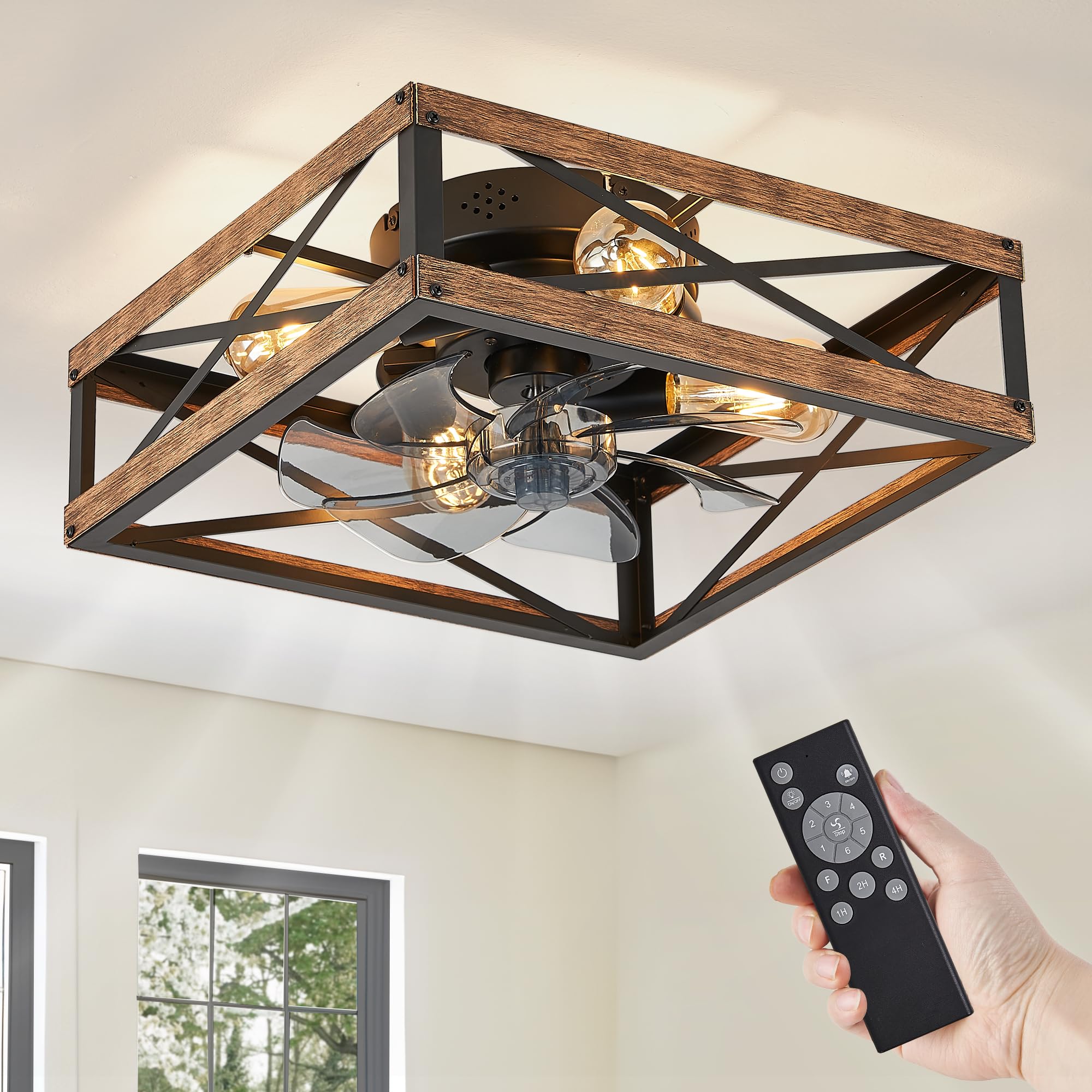 LEDIARY Rustic Square Flush Mount Ceiling Fan with Lights - 6 Speed Reversible Bladeless Design, Remote Control Included - Perfect for Bedroom, Kitchen, Dining Room & Small Farmhouse Spaces | Energy Efficient & Quiet Operation