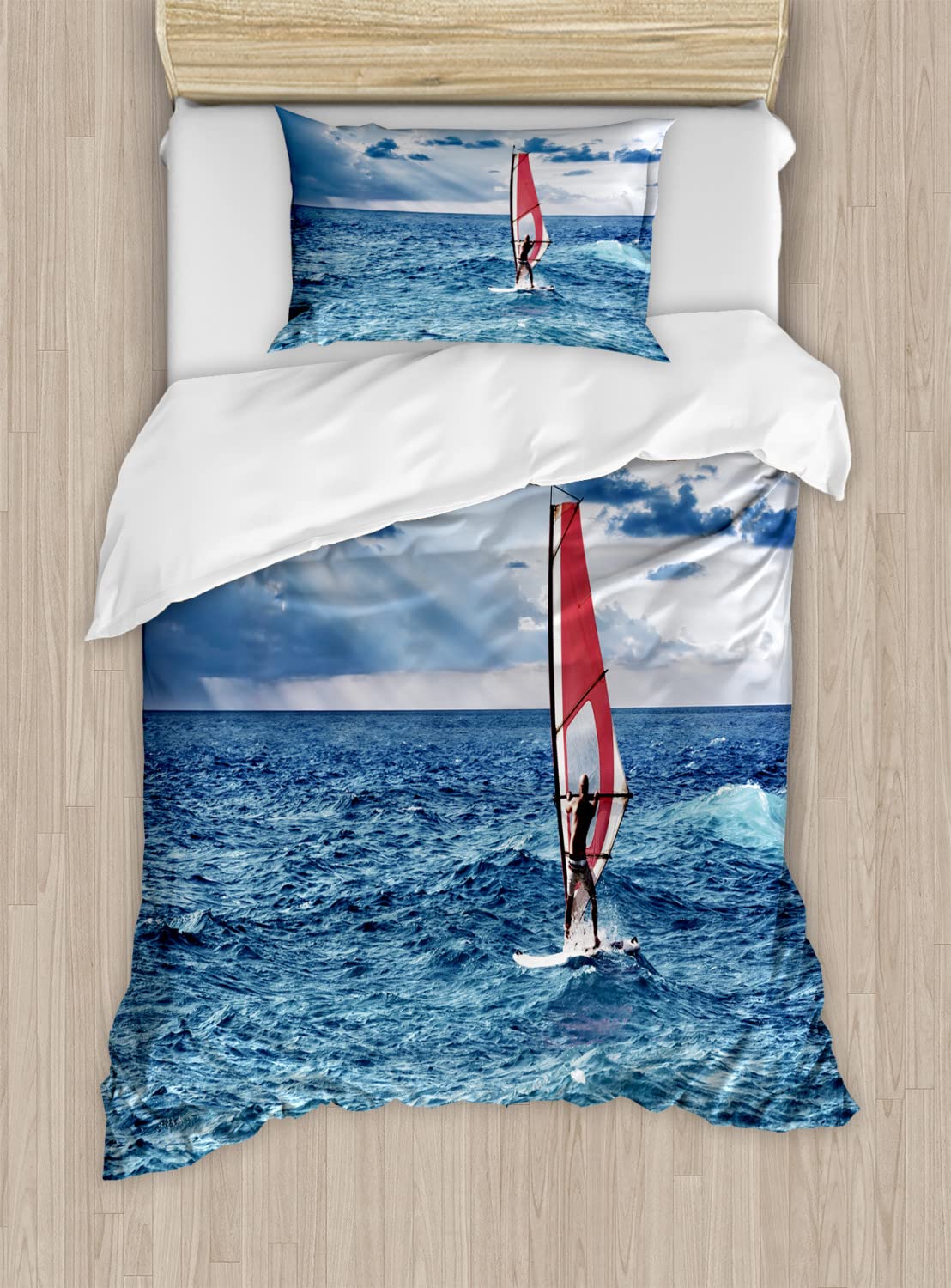 Ambesonne Ride The Wave Duvet Cover Set - Twin Size 2-Pack with 2 Duvet Covers & 2 Pillowcases - Surfing Ocean Adventure Design in Night Blue - Perfect for Beach Themed Bedrooms, Summer Decor & Coastal Home Styling
