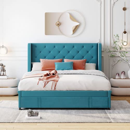 Queen Size Storage Bed with Drawer - Velvet Upholstered Platform Bed Frame with Wingback Headboard & Wooden Slat Support - Modern Blue Bedroom Furniture for Small Space & Guest Room - Perfect for Apartments, Dorms & Master Bedrooms