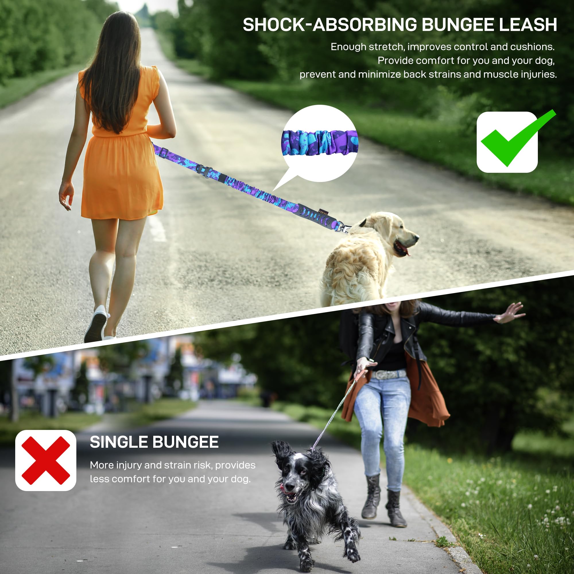 Heavy Duty Tactical Dog Leash 4-6FT - Strong Bungee Leash for Large Dogs Up to 150lbs - Reflective Dog Leash with Car Seat Belt Clip - Perfect for Training, Walking & Hiking with Small, Medium & Large Dogs