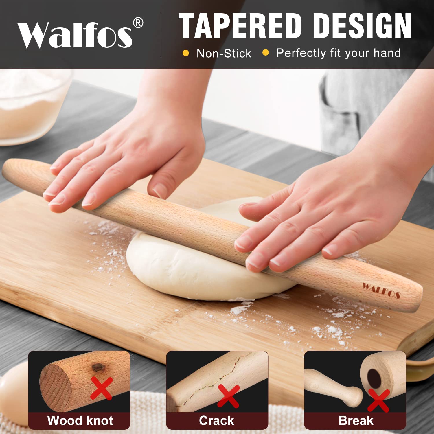 Premium WALFOS French Rolling Pin & Non-Stick Silicone Baking Mat Set - 15.7 Inch Beechwood Pastry Roller & Dough Mat for Perfect Pie Crust, Cookies, Pasta & Pizza | Ideal for Home Baking, Holiday Cooking & Professional Kitchen Use