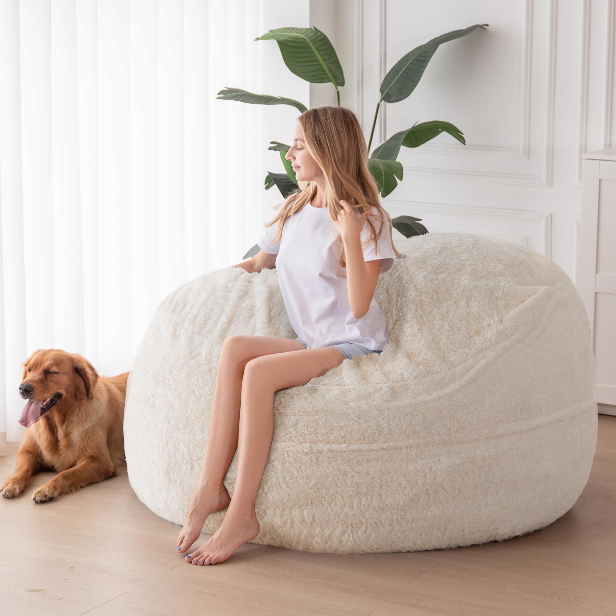 MAXYOYO Giant Faux Fur Bean Bag Chair - Convertible to Floor Mattress Bed | Dark Grey | Ultra Soft Lounge Chair for Living Room, Bedroom & Dorm | Perfect for Relaxing, Gaming & Sleepovers