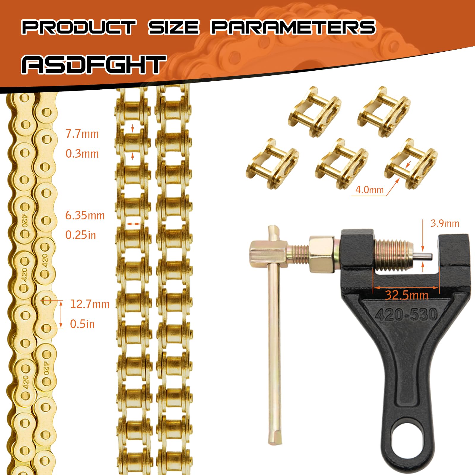 ASDFGHT 420 Roller Chain 132 Links Gold - 420 Drive Chain for 110cc & 125cc Dirt Pit Bikes, ATV, Quad, Go Kart, Scooter & Mini Bikes - Includes Chain Breaker & 0.4