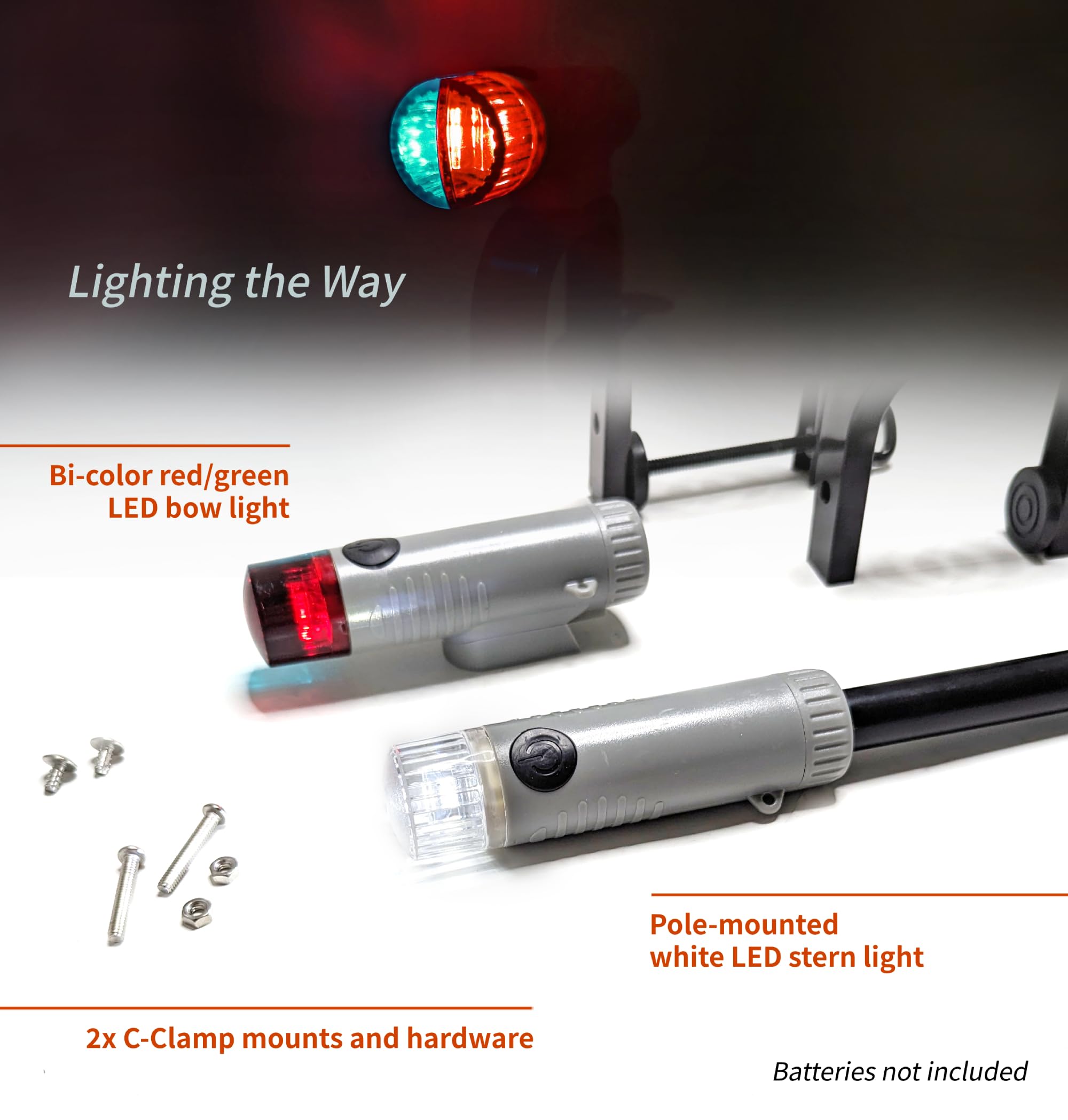 Pactrade Marine Boat Navigation Lights - Battery Powered Portable LED Red Green Bow Light & White Stern Light Kit with Clamp On Mounts | Waterproof Kayak Lights for Night Kayaking, Canoeing, and Boating Safety