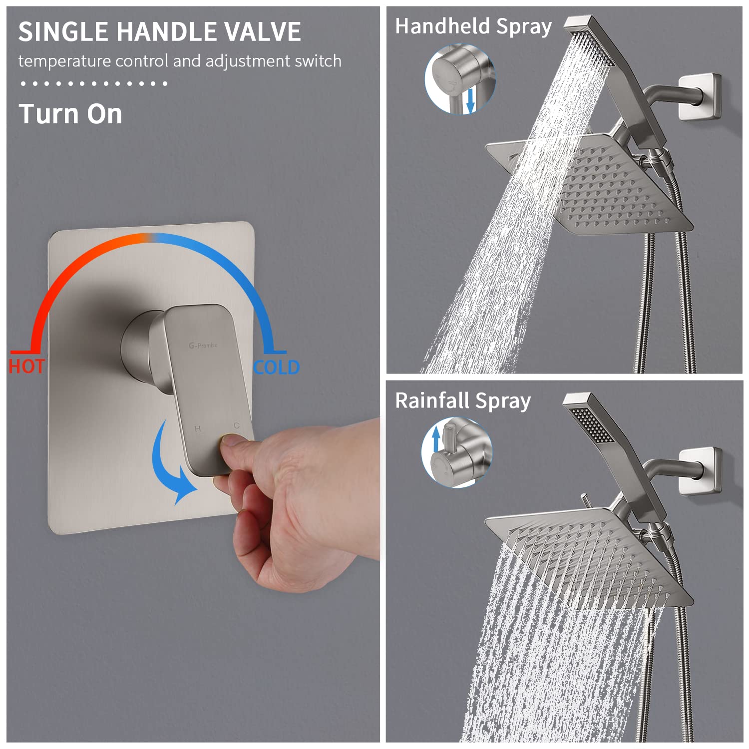 Premium All-Metal Shower Faucet Set - Dual Square Shower Head System with Handheld Spray Wand & Rainfall Showerhead, Diverter Valve, 60