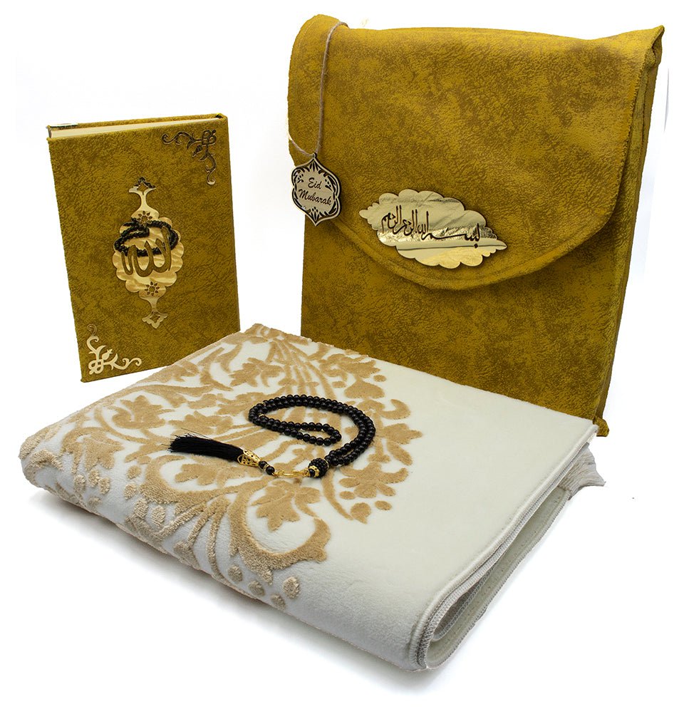 Eid Gift Set - 5 Piece Islamic Prayer Kit with Premium Prayer Rug & Holy Quran in Gold | Perfect for Eid Celebrations, Ramadan Gifts & Muslim Home Decor