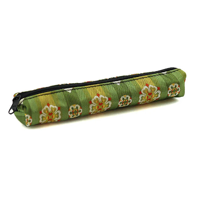 Nishijin Woven Pencil Case - Floral Tempyo Art Inlaid Design, Green | Handmade in Kyoto Japan | Traditional Japanese Craft Pen Holder for School, Office & Gift
