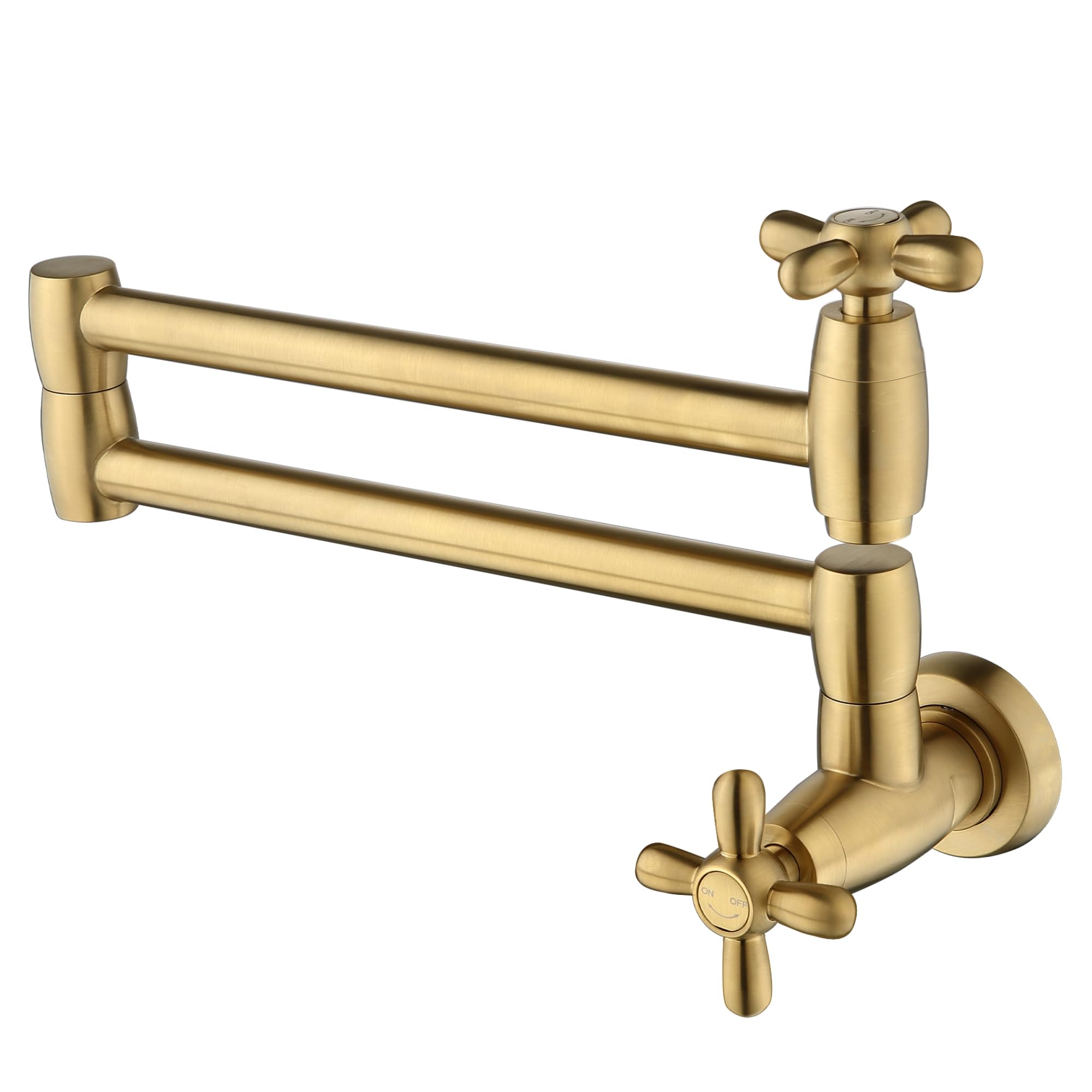 Brushed Gold Wall Mounted Pot Filler Faucet with Swing Arm - Brass Stove Faucet with Extendable Arm & Dual Cross Handles - Perfect for Kitchen Sink, Cooking Area, and Behind Stove Installation