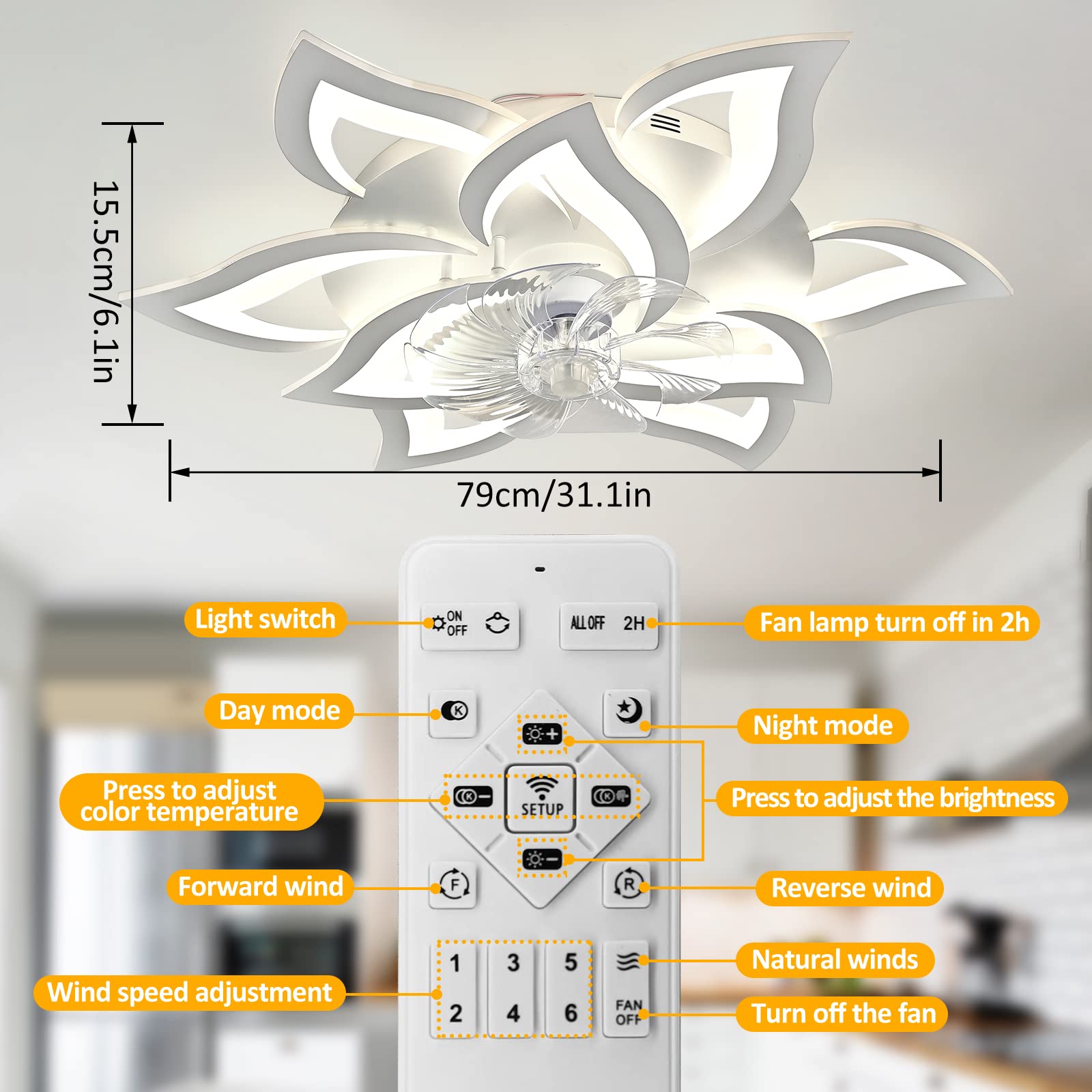 MeiMeiDa 32 Inch Modern Ceiling Fan with LED Light - Dimmable, Energy Efficient, Adjustable Color Temperature, White - Perfect for Living Room, Bedroom, and Office