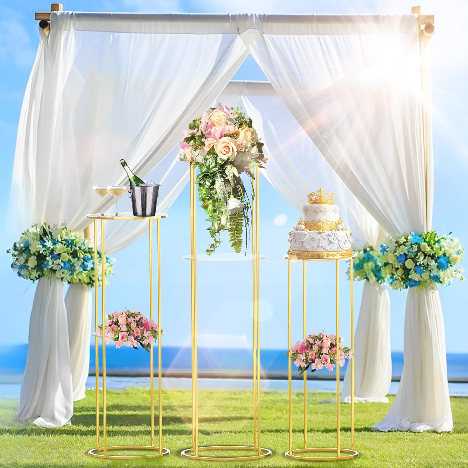 3-Piece Gold Metal Cylinder Stands for Party Display - Double Panel Round Pedestal Table, Plant Stand for Planter Flower - Perfect for Living Room Centerpieces, Wedding Decor & Event Displays