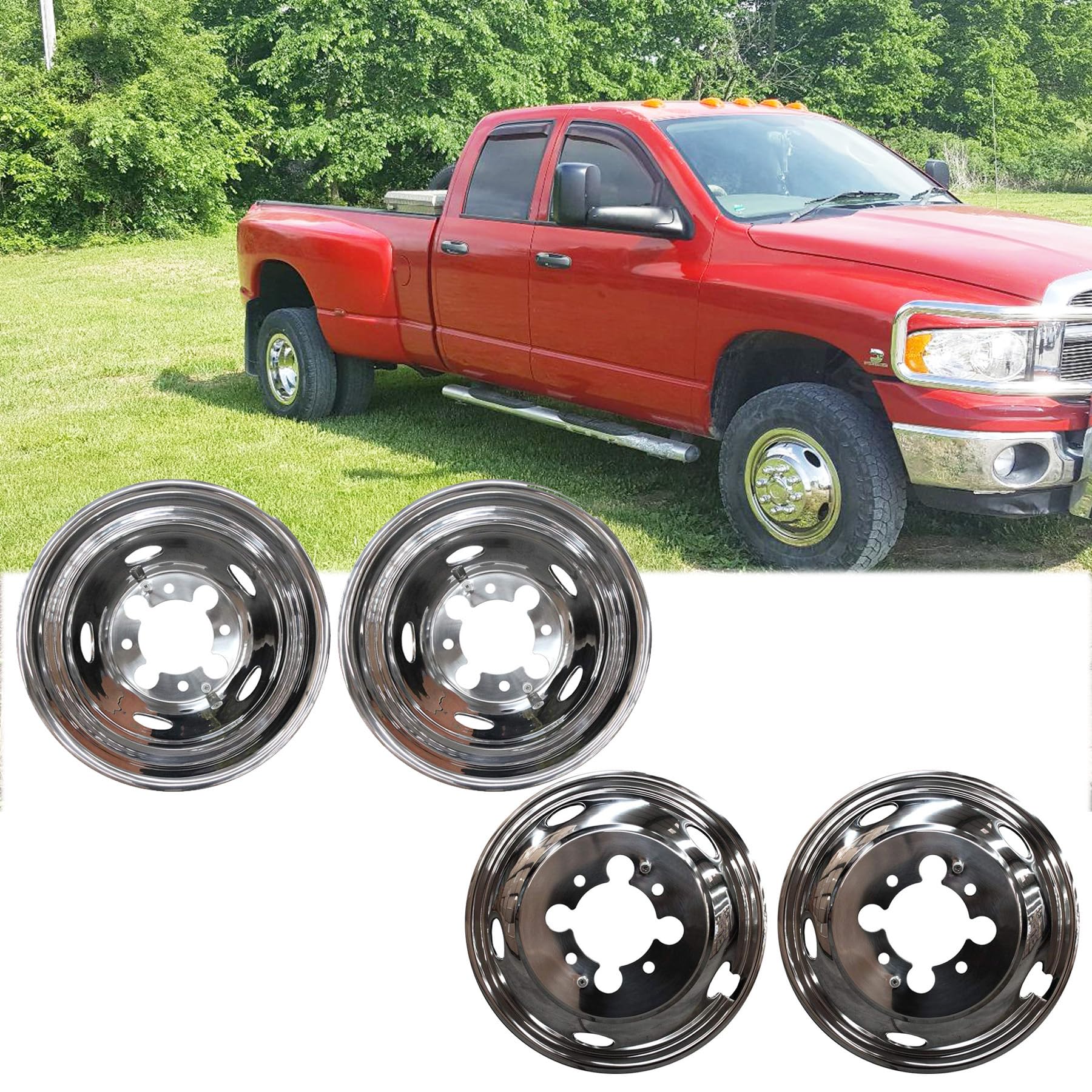 4pcs Polished Stainless Steel Wheel Simulators for 2003-2018 Dodge Ram 3500 Dually - 17