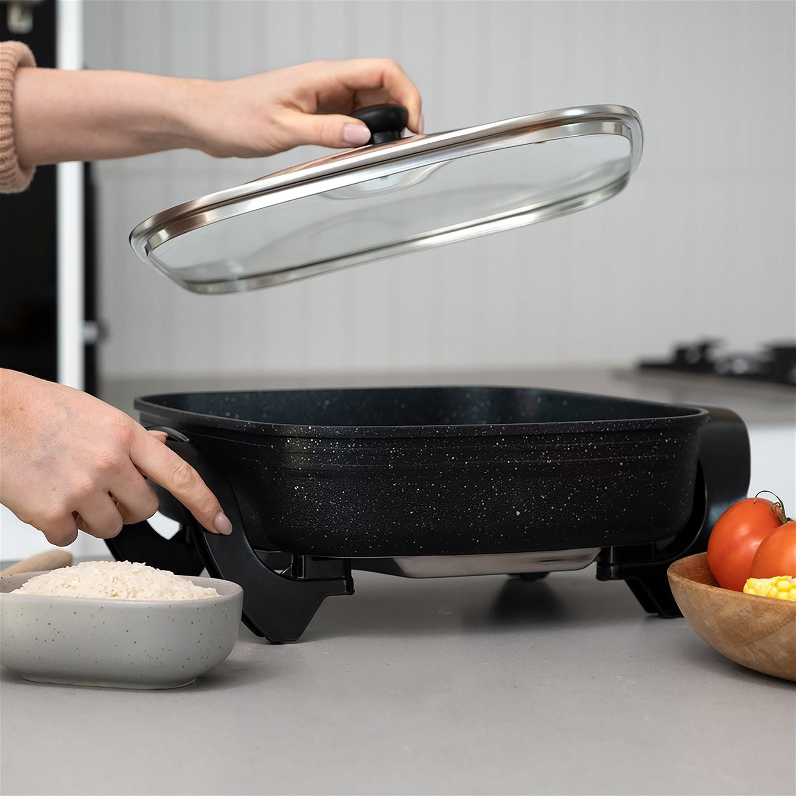 Stone Electric Fry Pan - Nonstick Skillet with Adjustable Temperature for Perfect Cooking - Ideal for Pancakes, Eggs, and Stir-Fry at Home