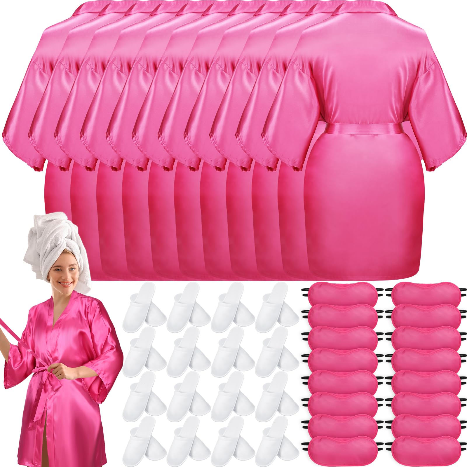 Luxury Satin Bridesmaid Robes Set - 18 Red Kimono Robes, 18 White Spa Slippers & 18 Sleep Masks for Women - Perfect for Bachelorette Parties, Wedding Preparations & Girls' Sleepovers - Soft Hotel-Style Spa Robes for Bridal Showers & Birthday Celebrations