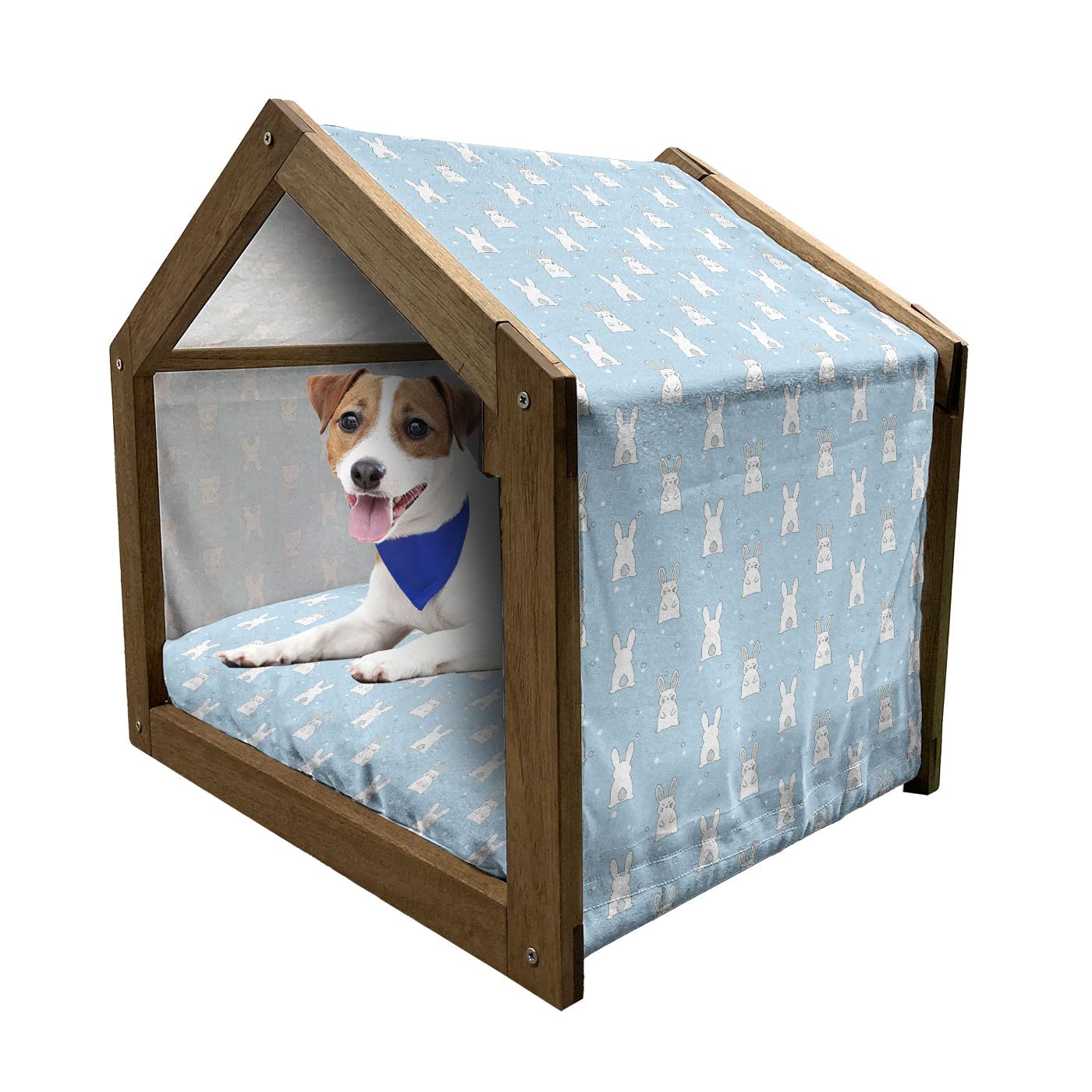 Ambesonne Easter Bunny Wooden Pet House - Cozy Indoor & Outdoor Portable Dog Kennel with Pillow & Cover, Large Size in Blue Cadet - Perfect for Easter Decor, Pet Bedroom & Backyard Relaxation