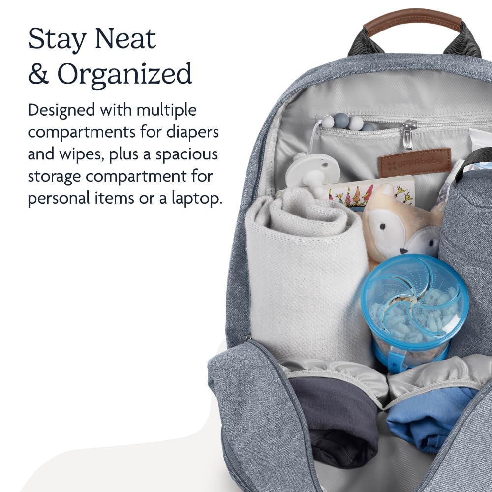 UPPAbaby Diaper Backpack with Multiple Storage Compartments, Stroller Straps & Insulated Bottle Pocket | Includes Changing Pad | Perfect for Travel, Daycare & On-the-Go Parents (Emmett/Gwen - Green Mélange & Saddle Leather)