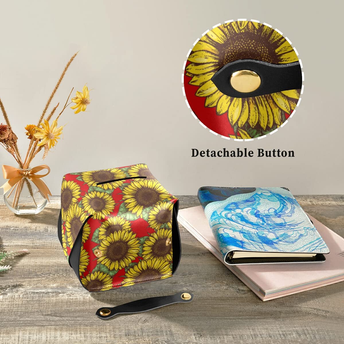 Sunflower Red PU Leather Tissue Box Holder - Rectangle Facial Tissue Dispenser with Hanging Loop for Countertops & Nightstands | Perfect for Living Rooms, Bathrooms & Office Desks