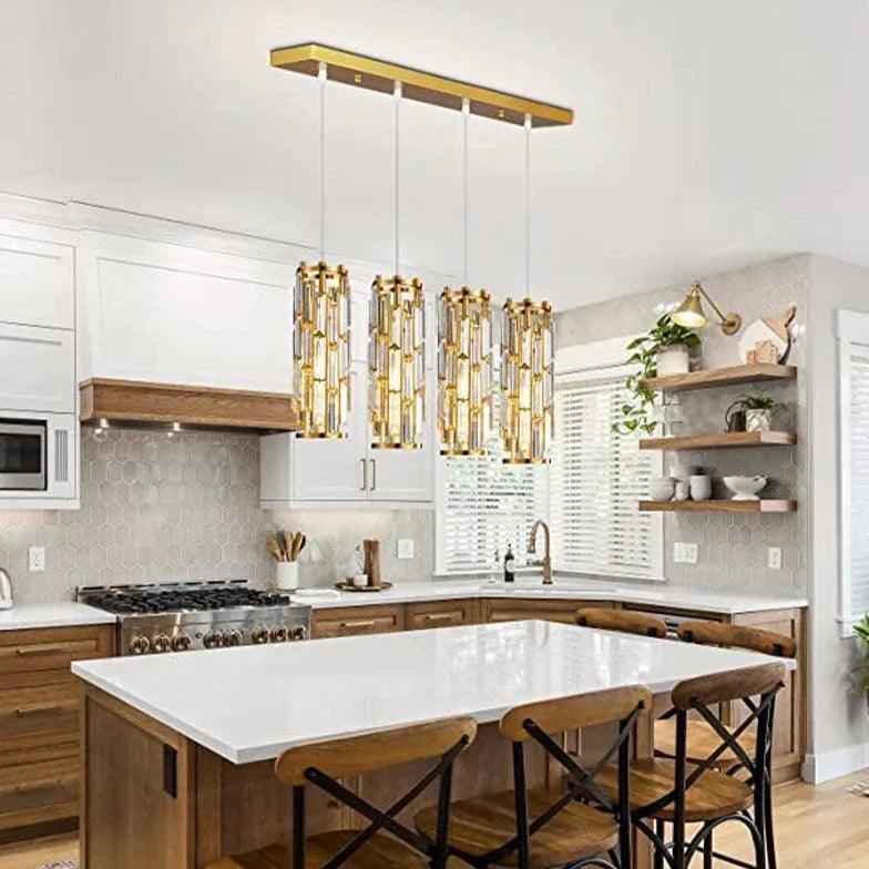 Modern Gold Crystal Cylinder Pendant Light - Elegant Dining Room & Kitchen Island Lighting Fixture for Home Decor