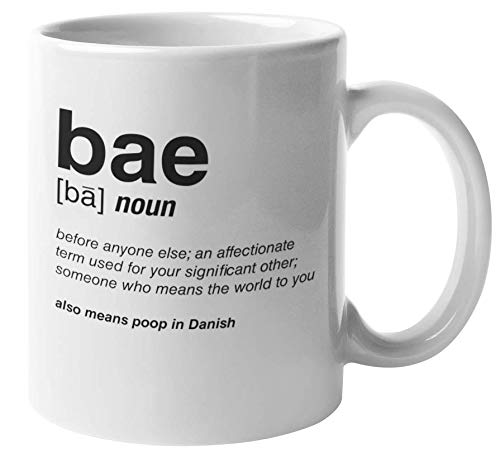 Funny Coffee Mug - 'Bae Also Means Poop In Danish' - 11oz Ceramic Cup Gift for Language Teachers, Writers, Linguists & Couples | Perfect for Office, Home & Gag Gifts