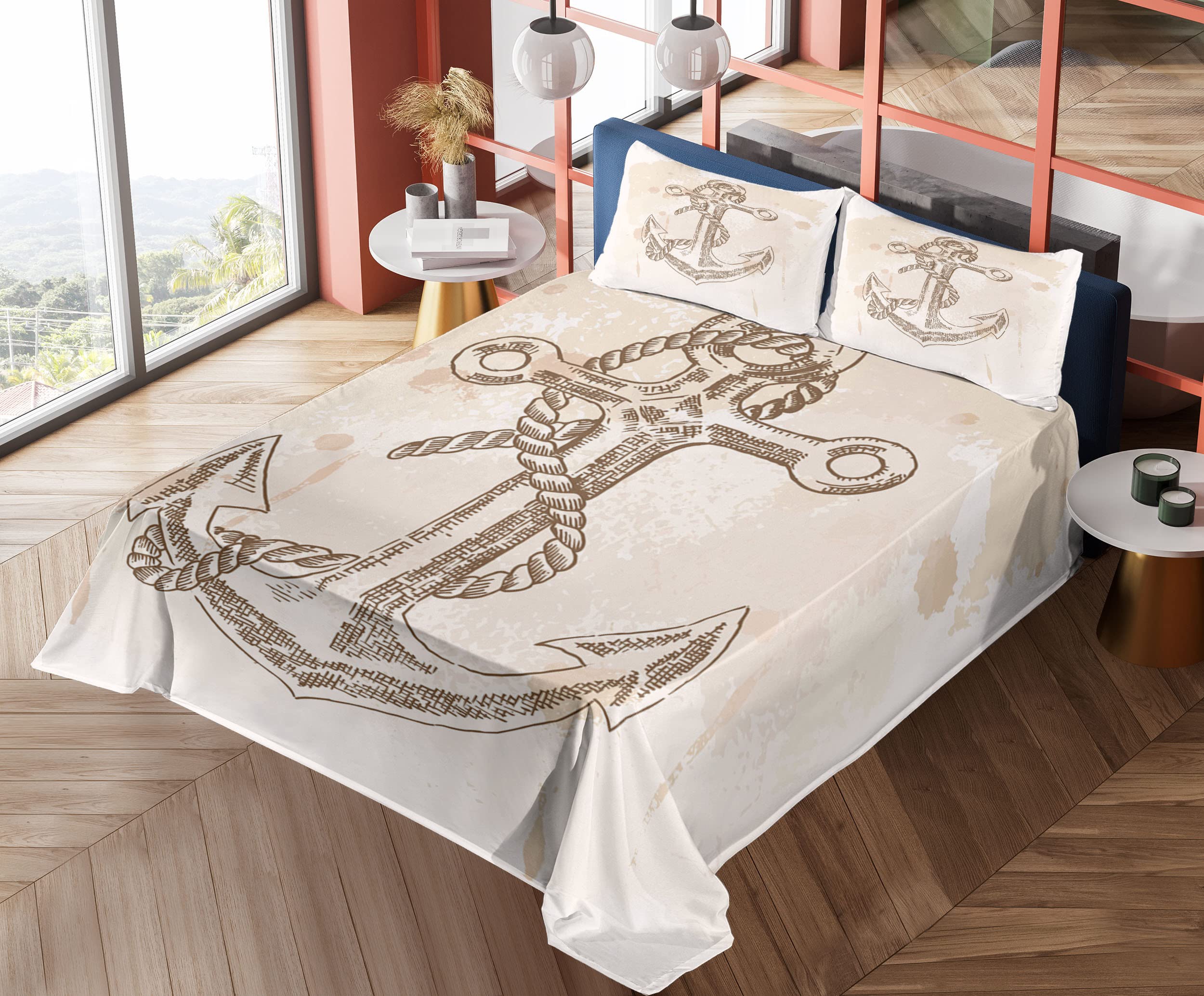 Ambesonne Anchor Sheet Set - Navy Blue & Brown Cream Summer Holiday Print Bedding, 4-Piece King Size with Fitted Sheet, Flat Sheet & Pillowcases - Perfect for Coastal Themed Bedrooms, Beach House Decor & Nautical Style Homes