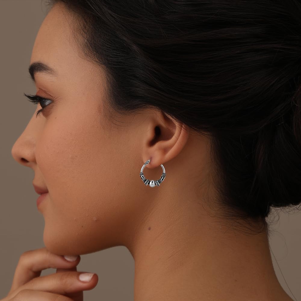 LeCalla 925 Sterling Silver Oxidized Balinese Hoop Earrings - Small Antique Bali Beaded Hoops for Women | Boho Chic Jewelry for Everyday Wear & Special Occasions