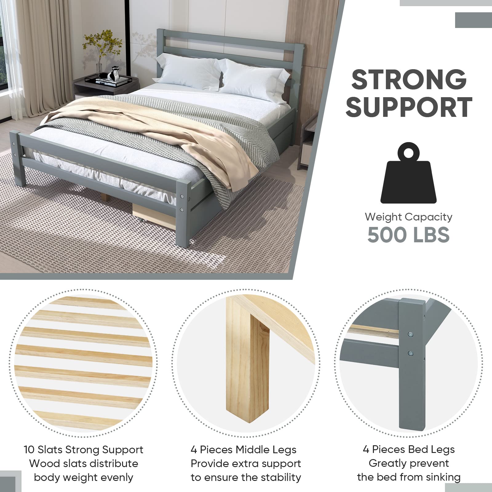 Baysitone Full Size Platform Bed Frame with 2 Storage Drawers & Headboard - 10 Wood Slats Support, 500 lbs Weight Capacity, No Box Spring Needed (Bright Gray) - Perfect for Small Bedrooms, Guest Rooms & Space-Saving Storage Solutions
