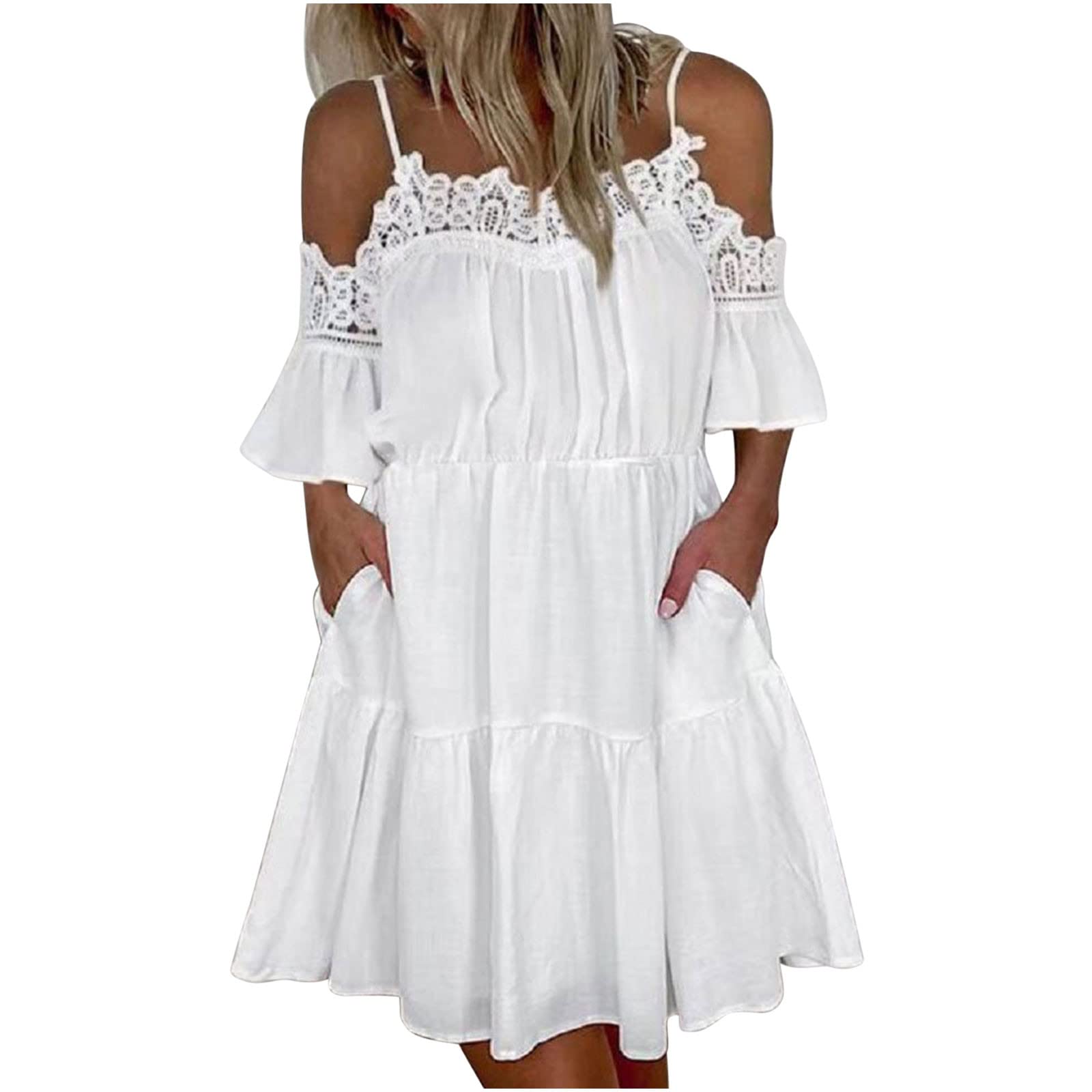 Women's Off-the-Shoulder Lace-Paneled A-Line Midi Sun Dress - Summer Beach Wedding Party Dress for Women - Perfect Gift for Her, Ideal for Vacations, Dates & Outdoor Events