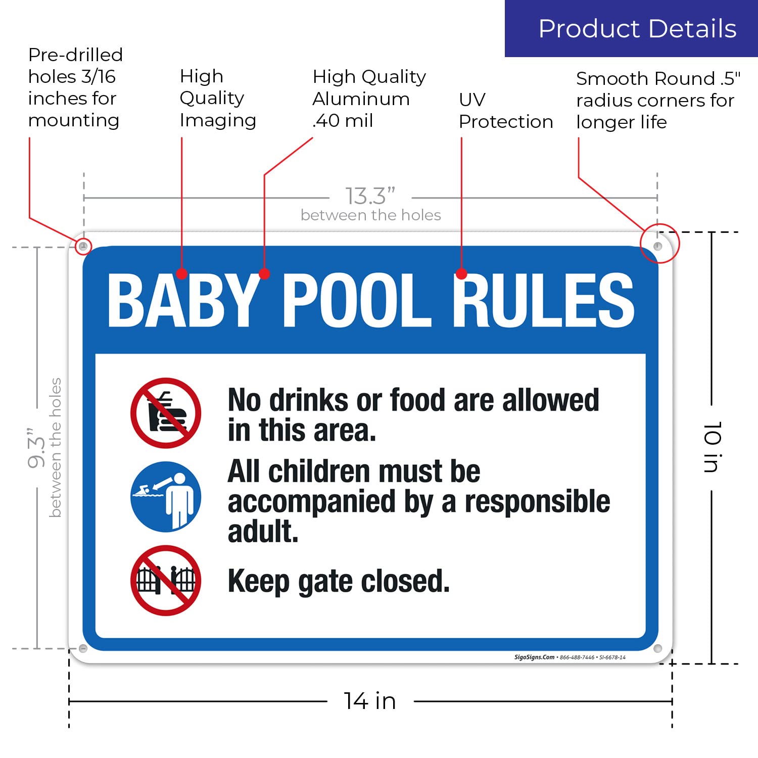 Baby Pool Rules Sign - 10x14 Inches Rust-Free .040 Aluminum Pool Sign, Fade Resistant for Indoor/Outdoor Use, Made in USA - Perfect for Backyard Pools, Community Centers & Swim Schools