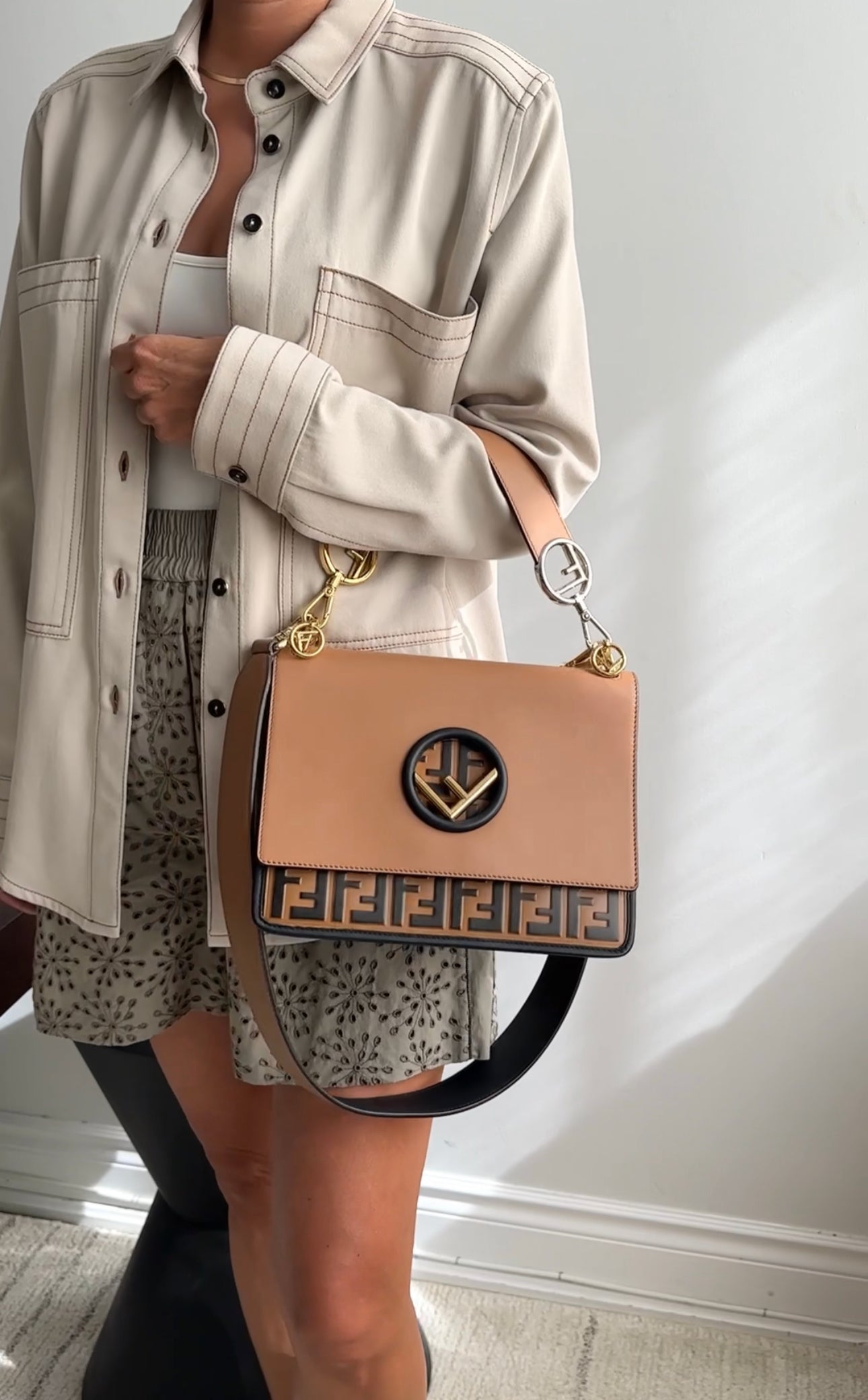Fendi Kan I Bag - Black & Tan Embossed Leather Shoulder Bag with Fendi Monogram, Luxury Designer Handbag for Women | Perfect for Work, Evening Events & Fashion Accessories