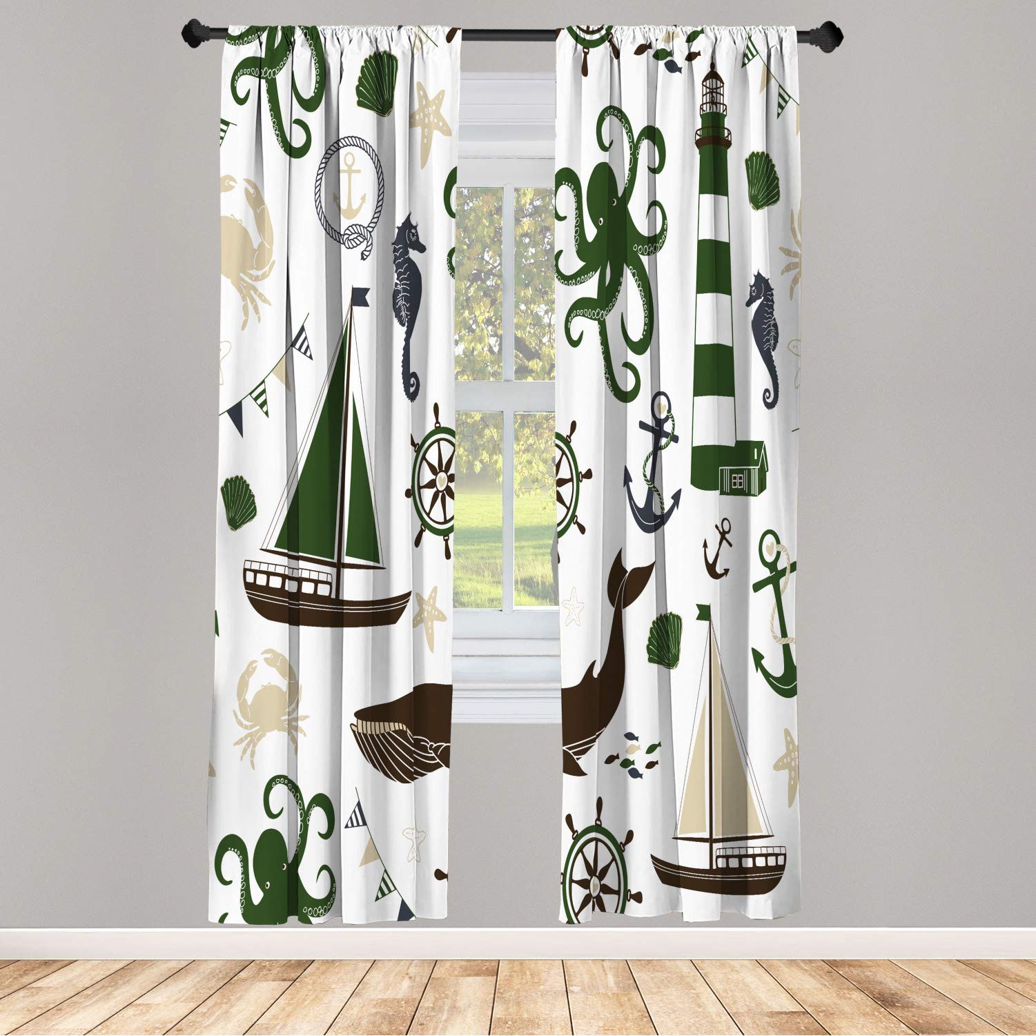 Ambesonne Nautical Window Curtains Set of 2 - Lightweight Decorative Rod Pocket Panels with Lighthouse, Sailboat, Fish, Shells & Octopus Design in Pastel Dark Green & Brown, 28 x 95 Inches - Perfect for Beach House, Coastal Decor & Nautical Theme Bedroom