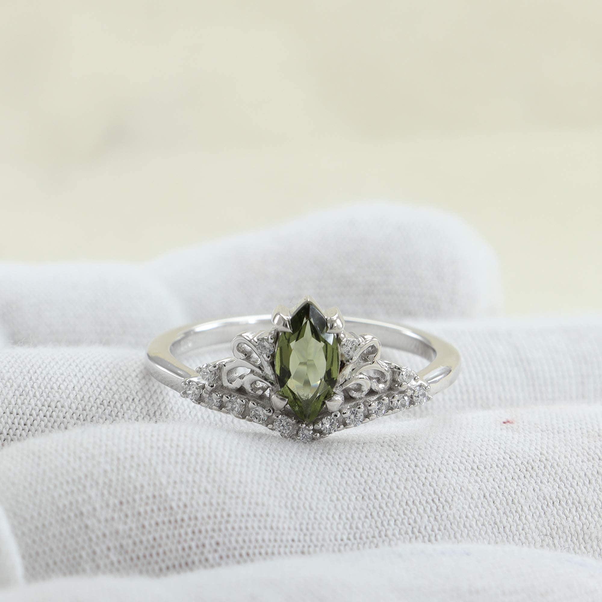 Moldavite Crown Ring for Women - Elegant Silver Filigree Love Ring with Genuine Moldavite Stone - Perfect Gift for Her, Wedding, Anniversary & Special Occasions