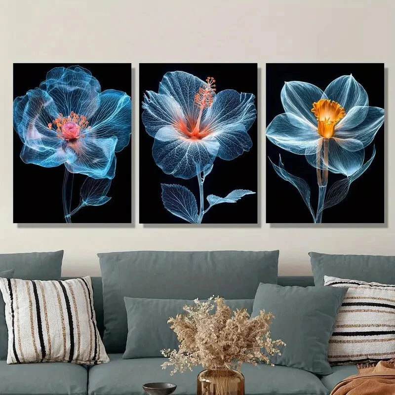 3pcs Translucent Blue Flowers Metal Print Wall Art - Ready to Hang Home Decor for Living Room, Bedroom & Office (12x16 Inches)