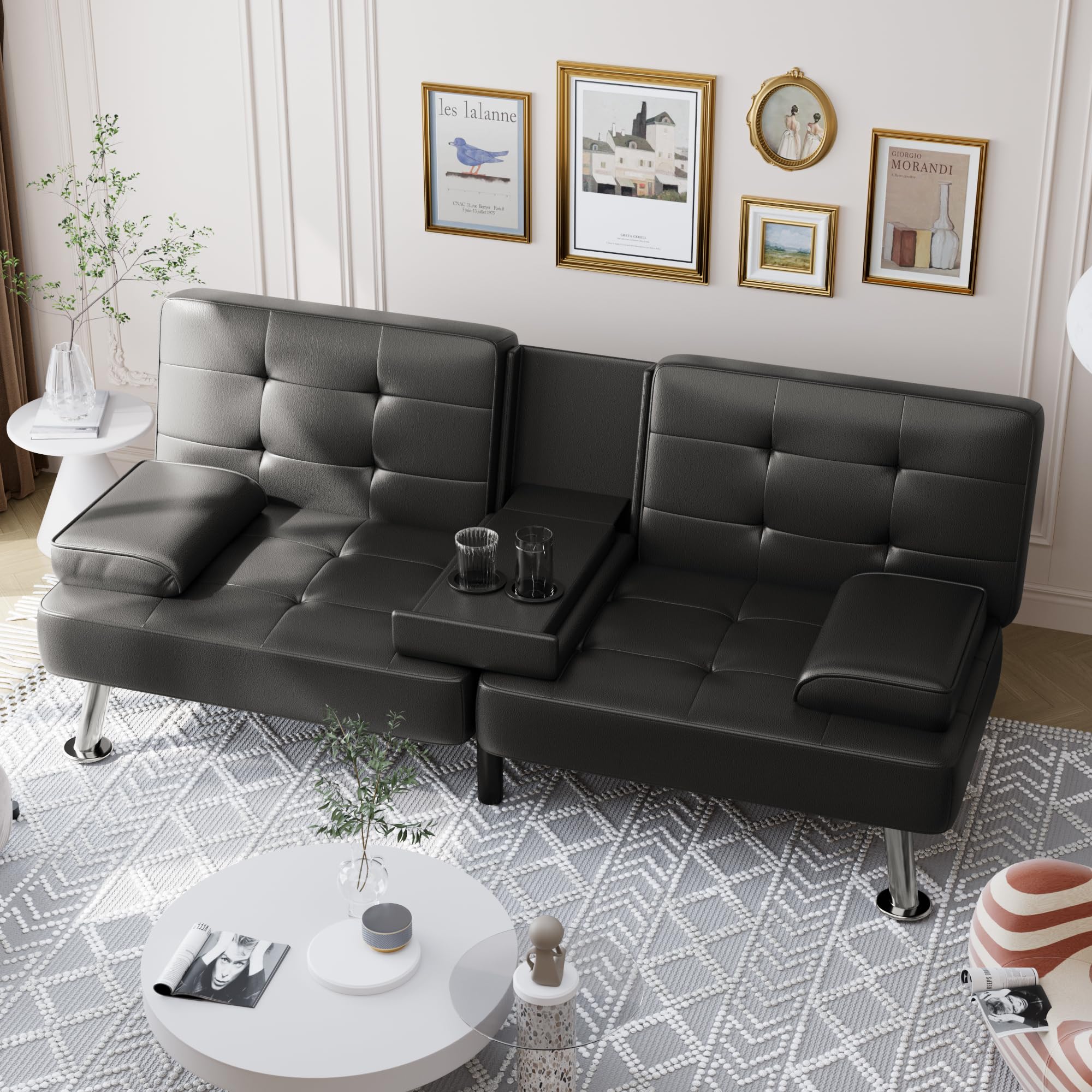 Convertible Folding Futon Sofa Bed Sleeper Couch - Faux Leather Upholstered Loveseat with Removable Armrests, Metal Legs & 2 Cup Holders - Black | Space-Saving Living Room Furniture for Small Apartments, Guest Rooms & Home Offices