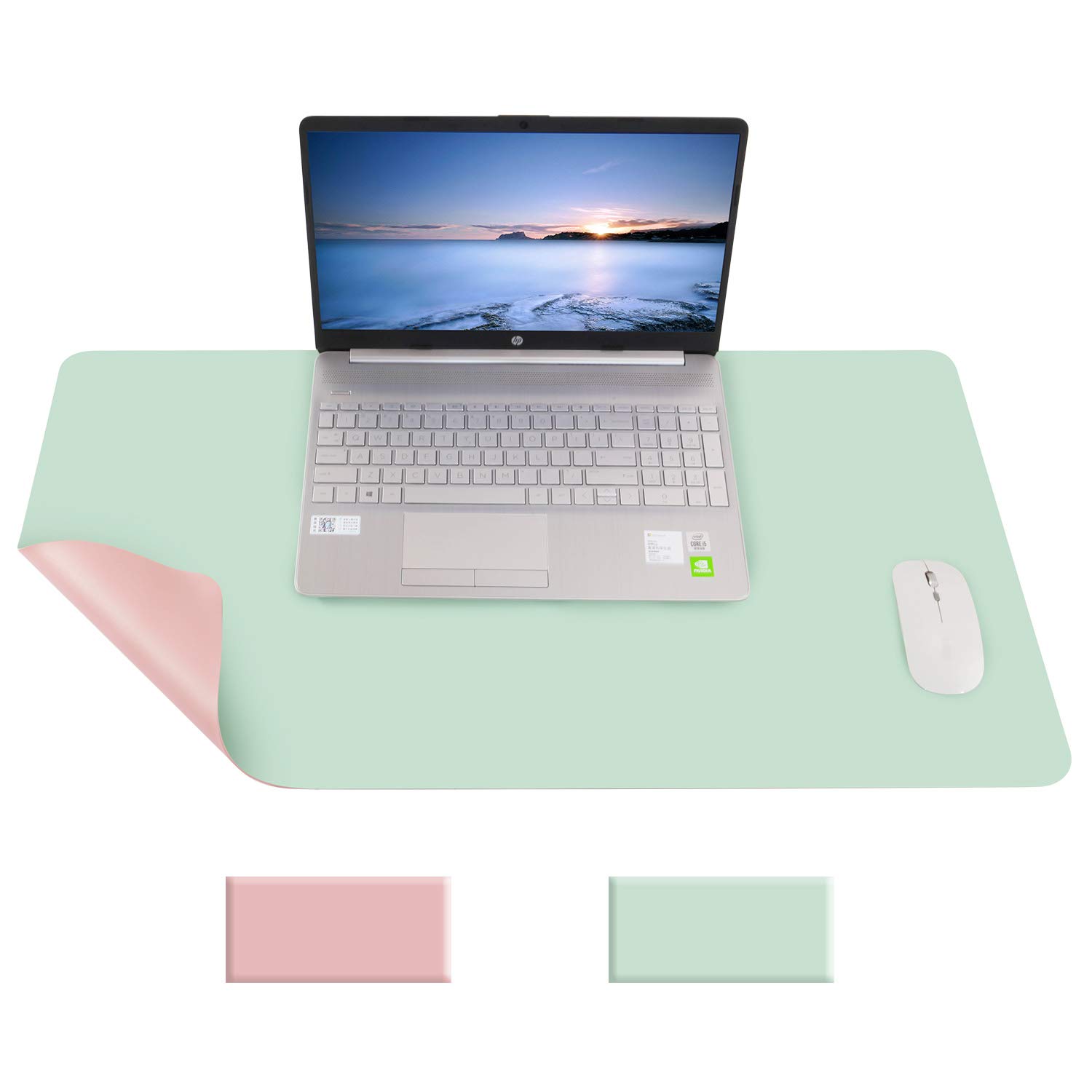 HemannTECH Double Sided PU Leather Desk Pad Protector - Large Non-Slip Mouse Pad & Coffee Mat - Scratch Proof, Waterproof, Easy Clean Ultra Thin Desk Mat (Apple Green + Pink, 31.5