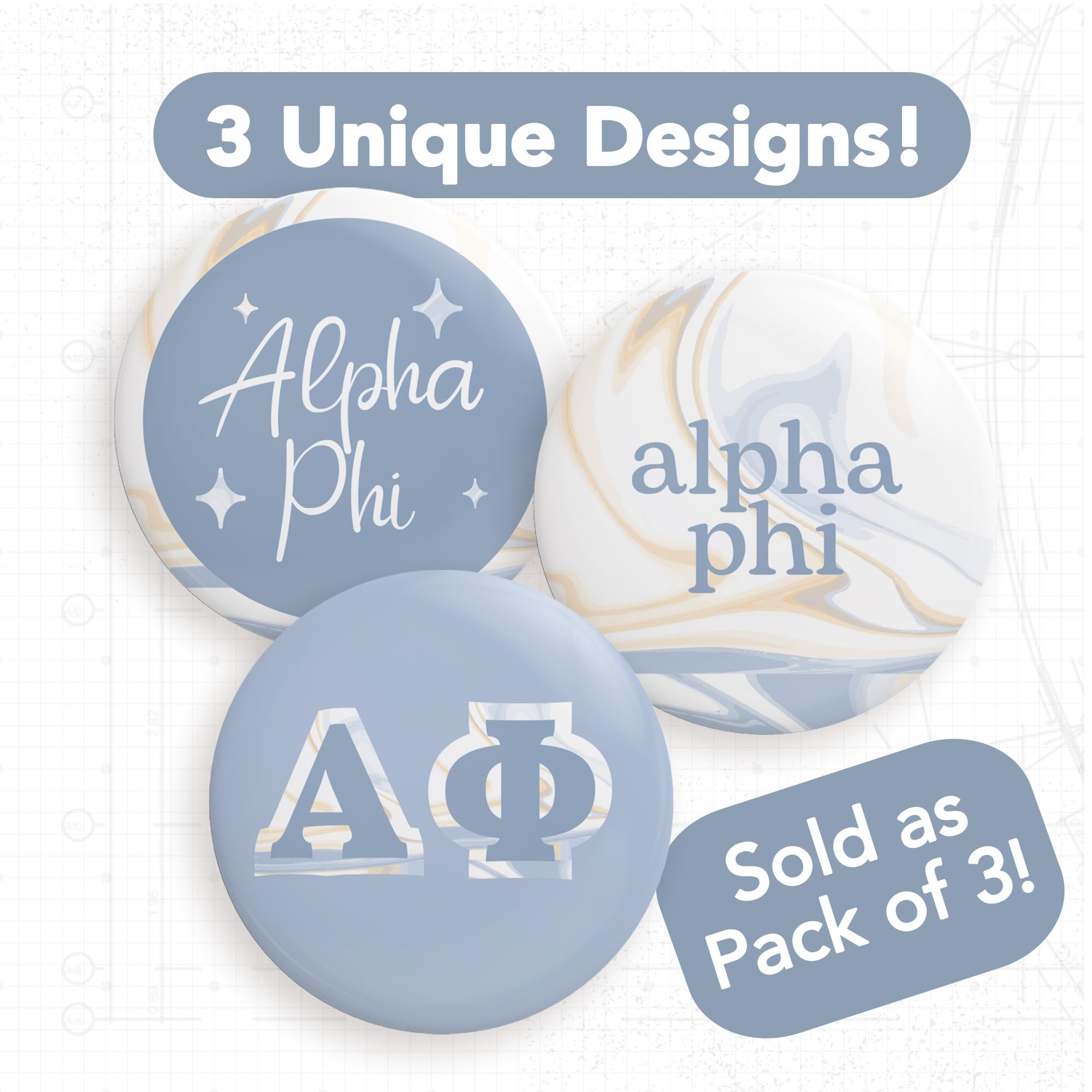 Alpha Phi Sorority Pin Set - 3 Piece Variety Button Badges with Marble Design (2.25 inch) - Perfect for Sorority Events, Greek Life Accessories & Sisterhood Gifts
