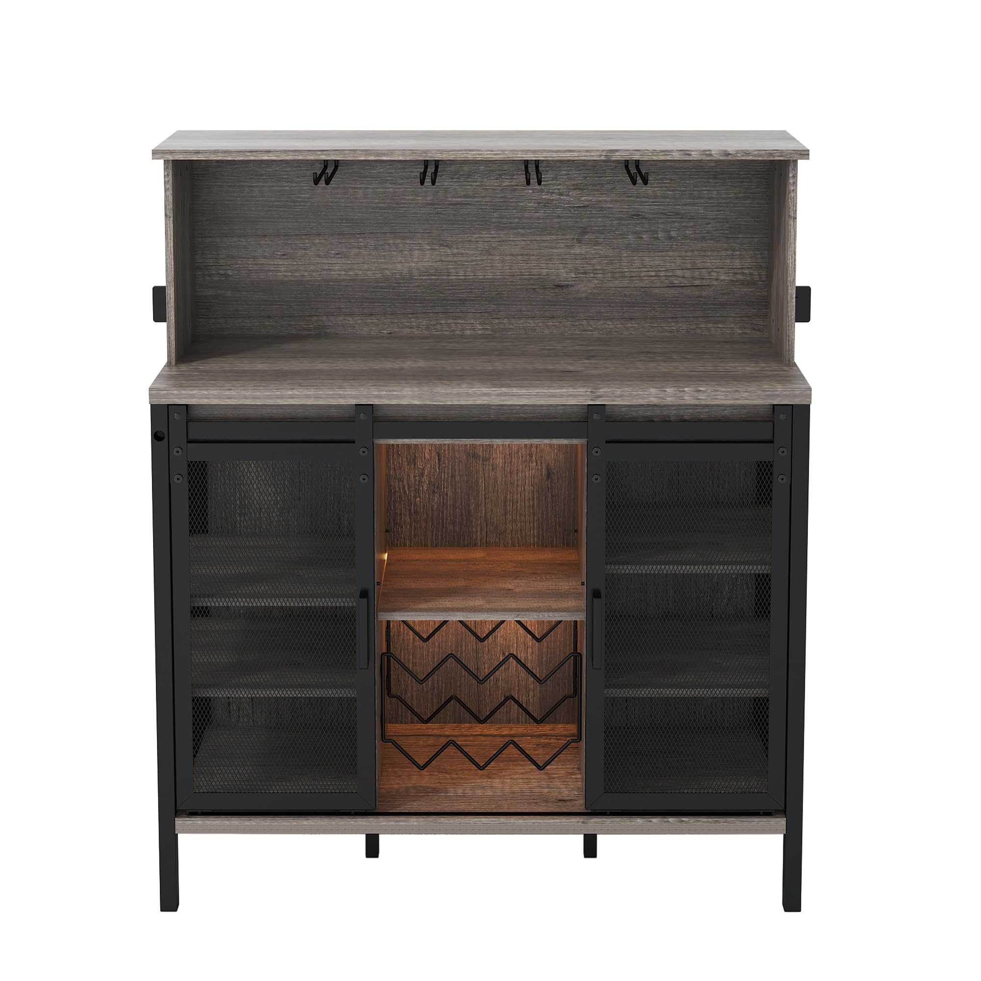 QNICE Farmhouse Coffee & Wine Bar Cabinet with Sliding Barn Door - Rustic Oak Buffet Storage with Wine Rack, Glass Holder & LED Lighting for Kitchen, Living Room, Dining Room - Perfect for Entertaining Guests & Home Decor