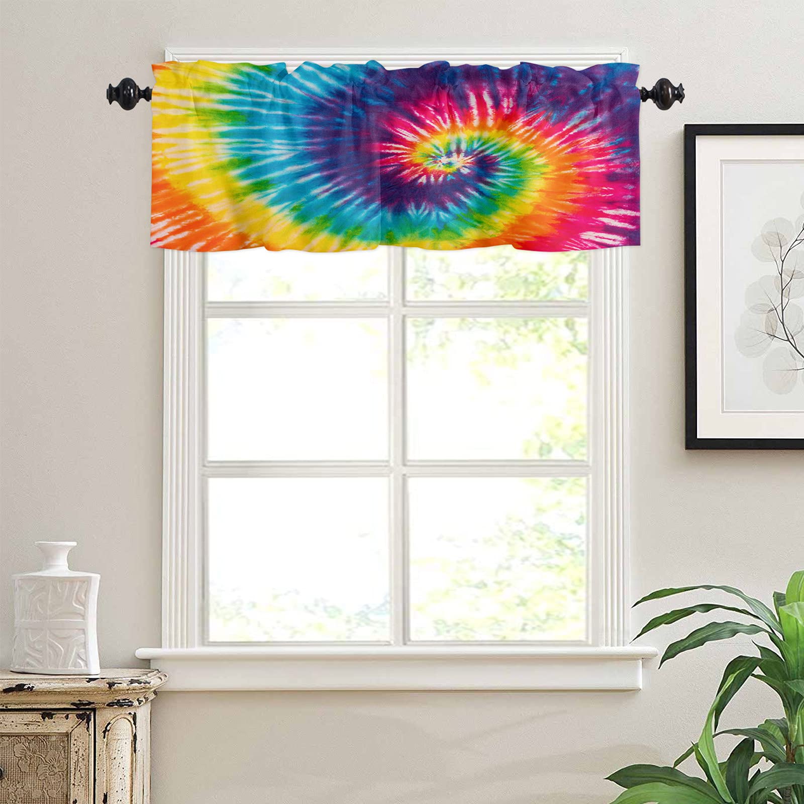 Vanlance Rod Pocket Window Curtains - Soft & Washable Rainbow Tie Dye Valance Panel (54x18 Inch) for Living Room, Kitchen & Bathroom - Perfect Small Window Treatment & Home Decor Accent