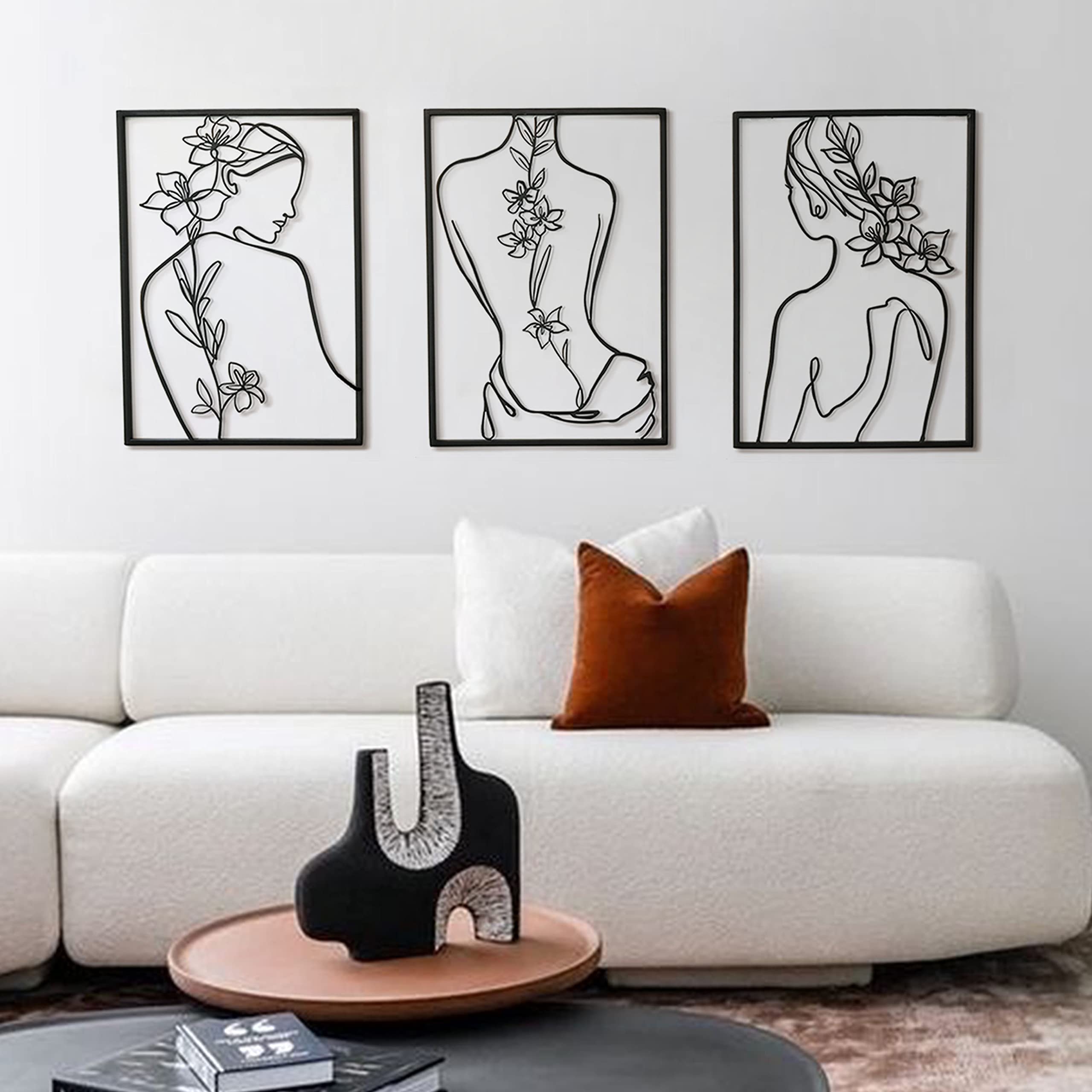 Remenna Minimalist Modern Abstract One Line Women Body Face Art - Set of 3 Large Metal Wall Decor for Living Room, Bedroom, Bathroom - Black | Contemporary Home & Office Aesthetic Decor
