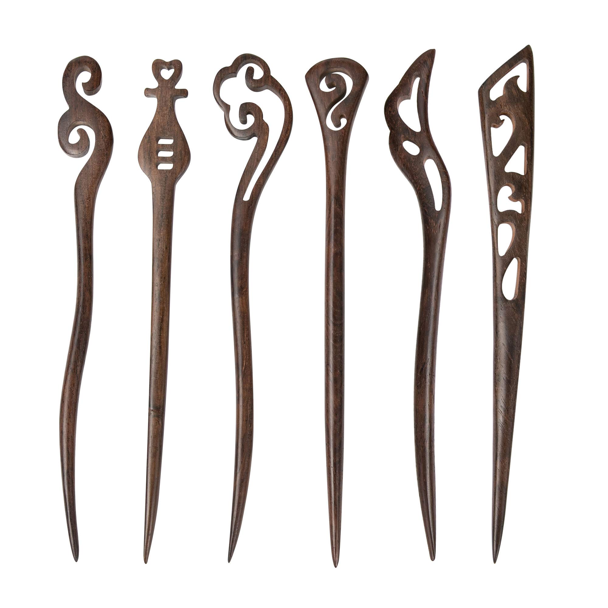 Handmade Vintage Sandalwood Hair Sticks - 6 Pack Chinese Japanese Wooden Hair Pins for Women & Girls - Perfect for Buns, Chignons & Updos - Natural Carved Hair Accessories for Weddings, Parties & Special Occasions