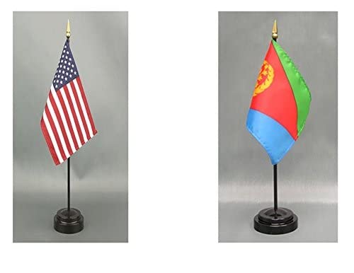 American Made Eritrea Desk Flag Set - 4x6 inch Rayon Office Desk & Hand Waving Table Flags with 2 Stands (USA & Eritrea Flags) - Perfect for Office Decor, International Events & Patriotic Displays