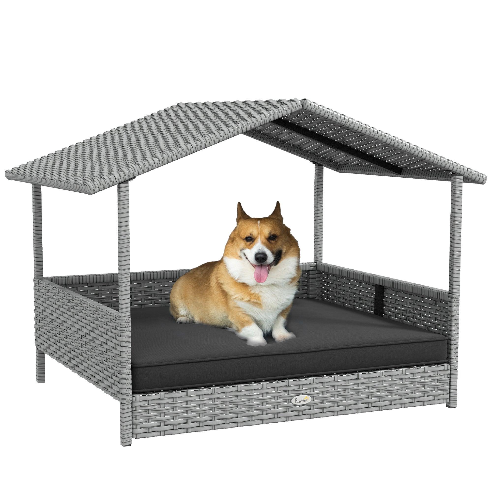 Waterproof Rattan Dog House with Canopy - Outdoor Pet Bed with Removable Cushion for Small & Medium Dogs - Gray - Perfect for Backyard, Patio & Garden Use
