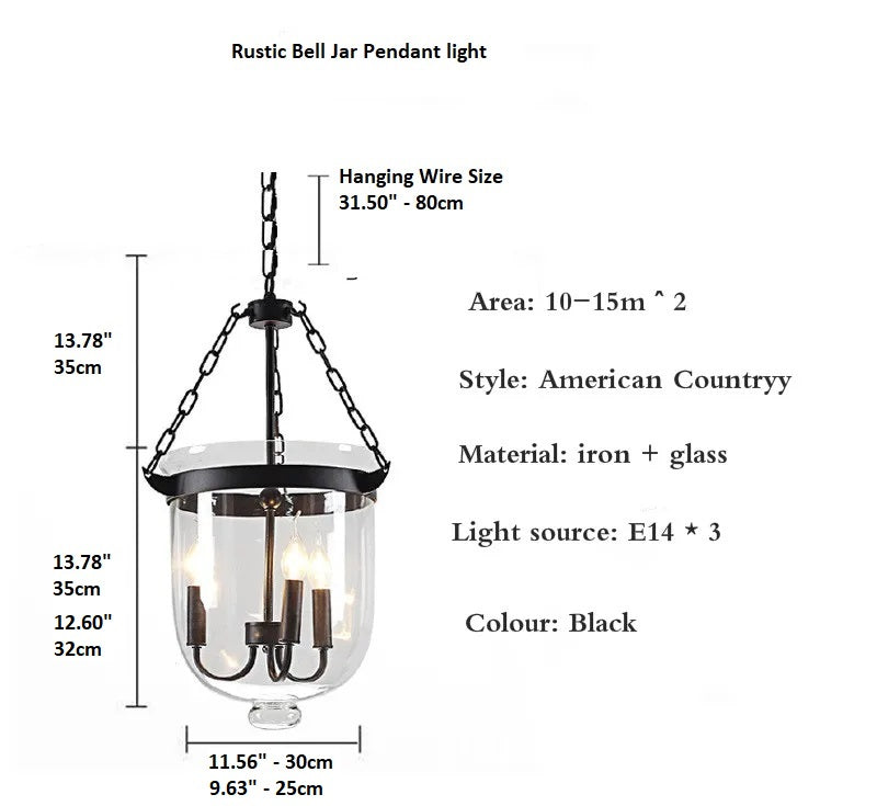 Vintage Rustic Bell Jar Pendant Light - Farmhouse Style Glass Hanging Fixture for Kitchen Island, Dining Room, or Bedroom Lighting